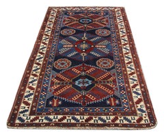 Antique Rugs Caucasian Kazak Rug, Handmade Carpet Blue Oriental Rug for Sale