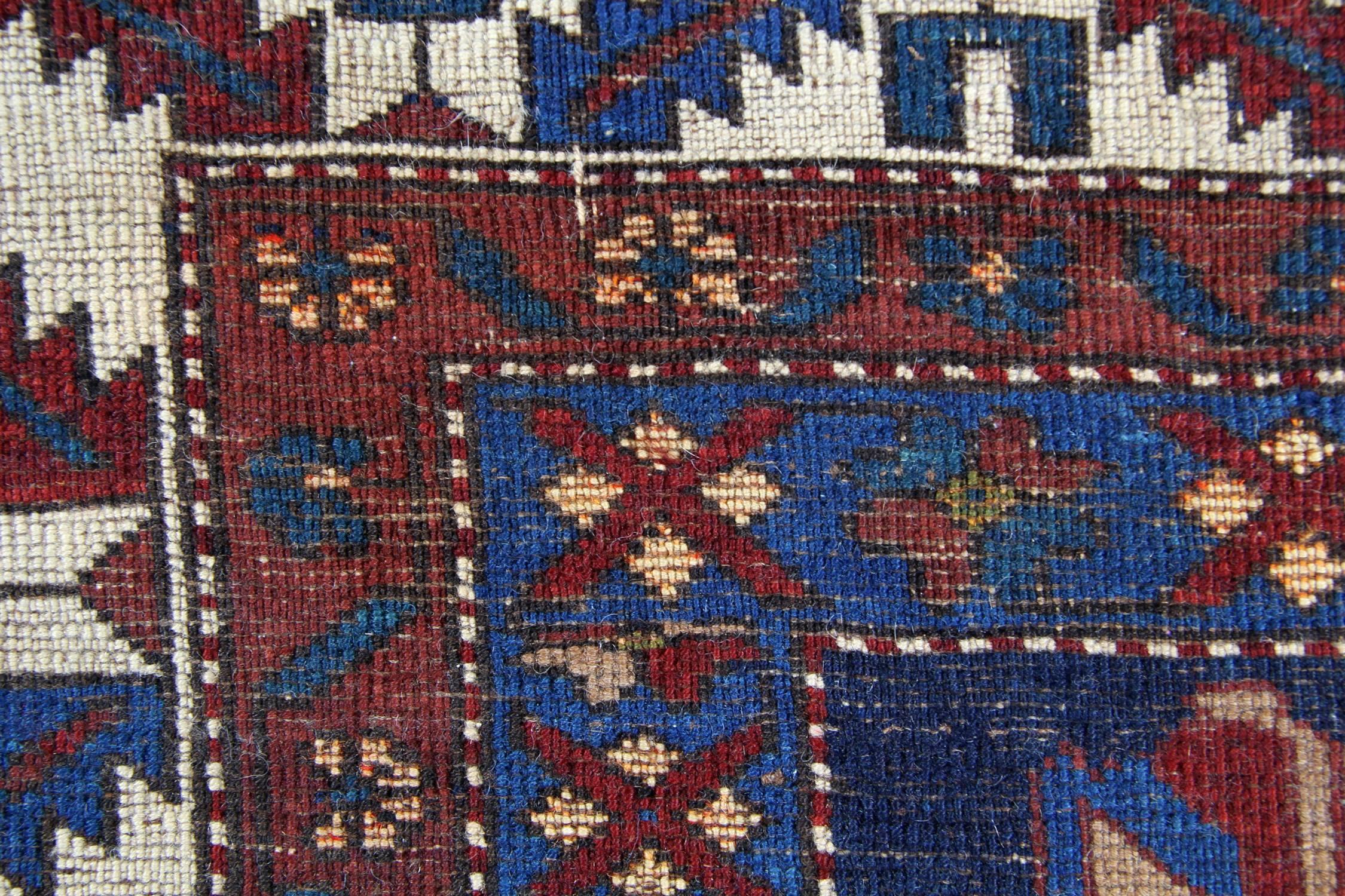 Rustic Antique Rugs Caucasian Kazak Rug, Handmade Carpet Blue Oriental Rug For Sale