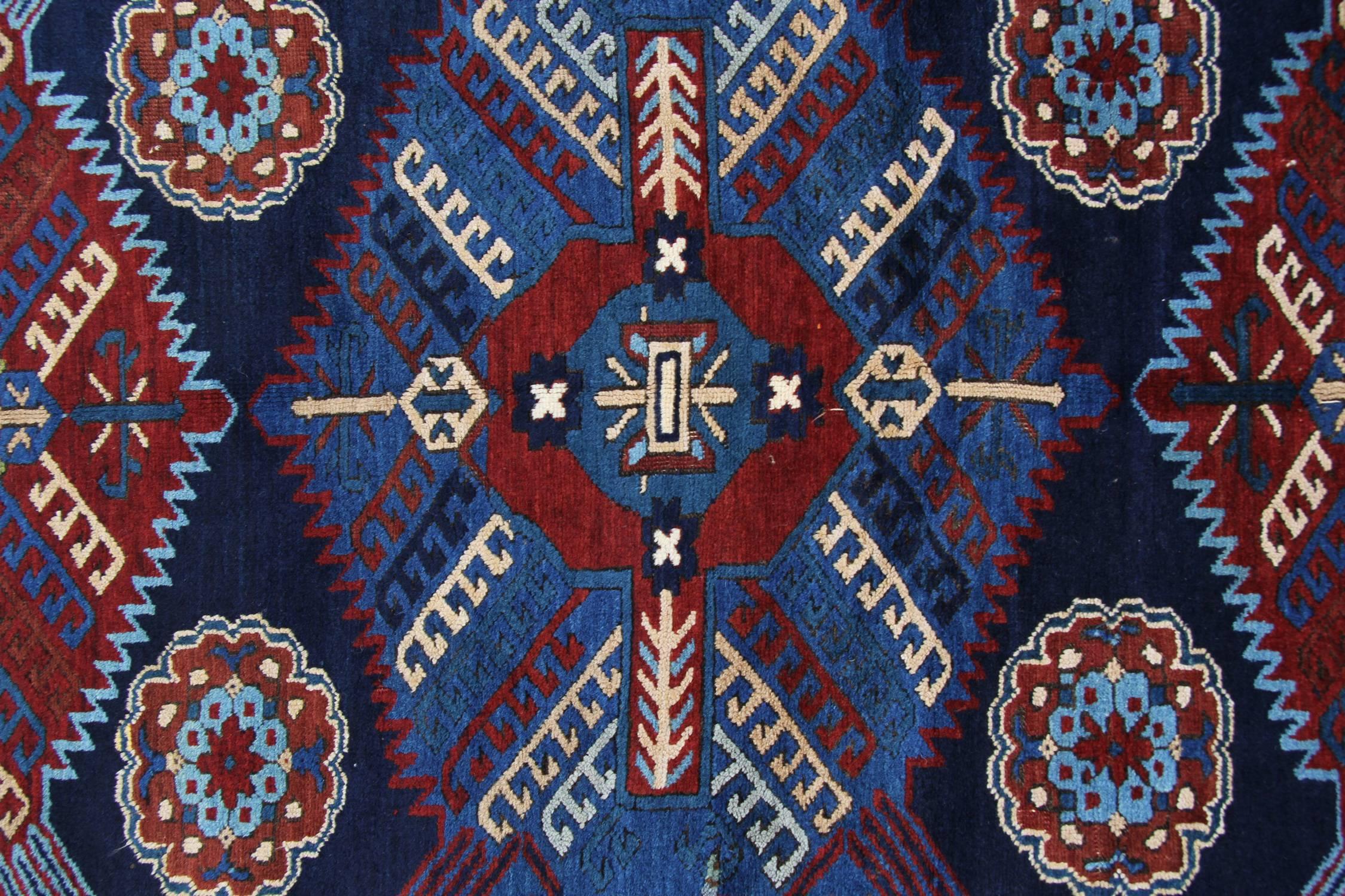 Hand-Woven Antique Rugs Caucasian Kazak Rug, Handmade Carpet Blue Oriental Rug For Sale
