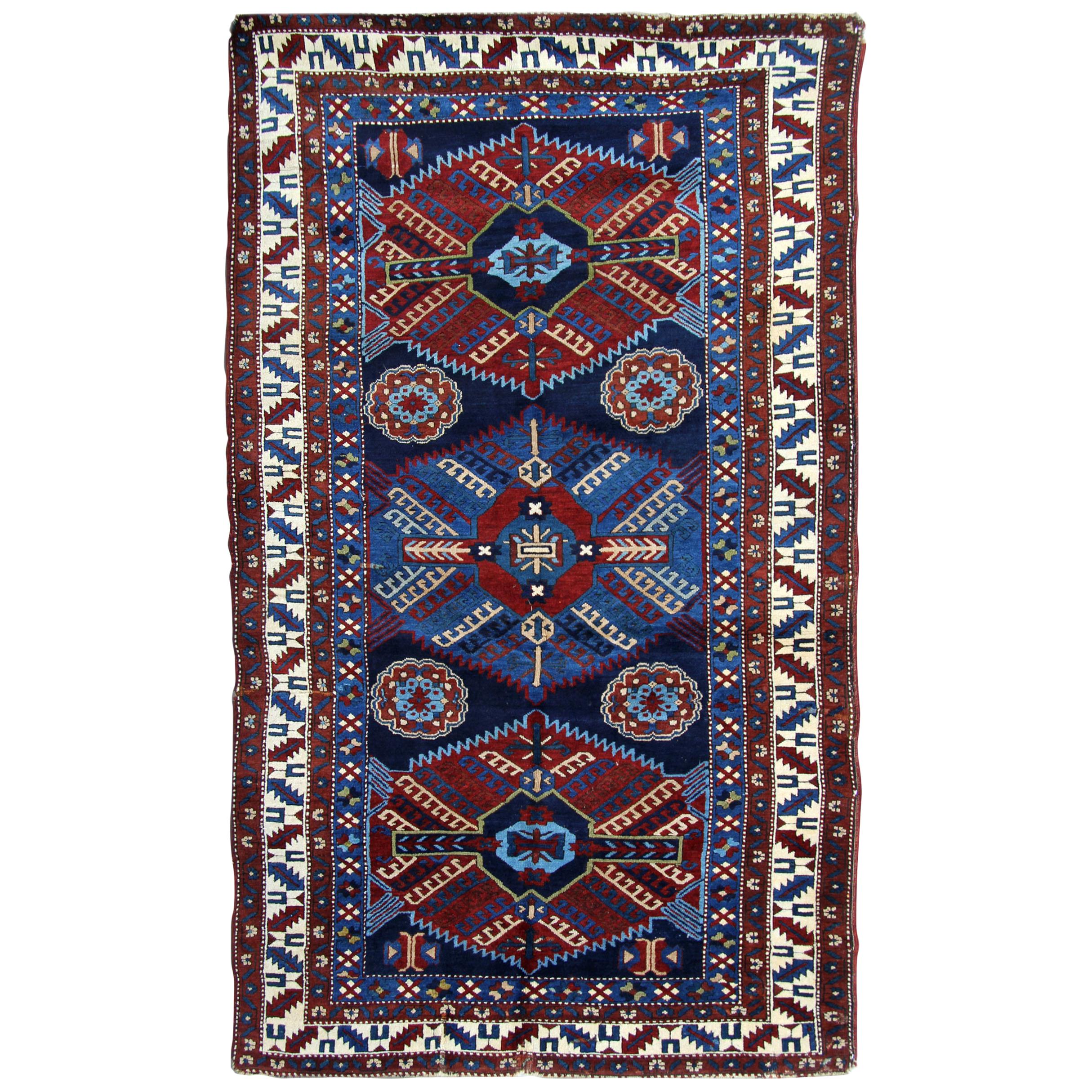 Antique Rugs Caucasian Kazak Rug, Handmade Carpet Blue Oriental Rug for Sale