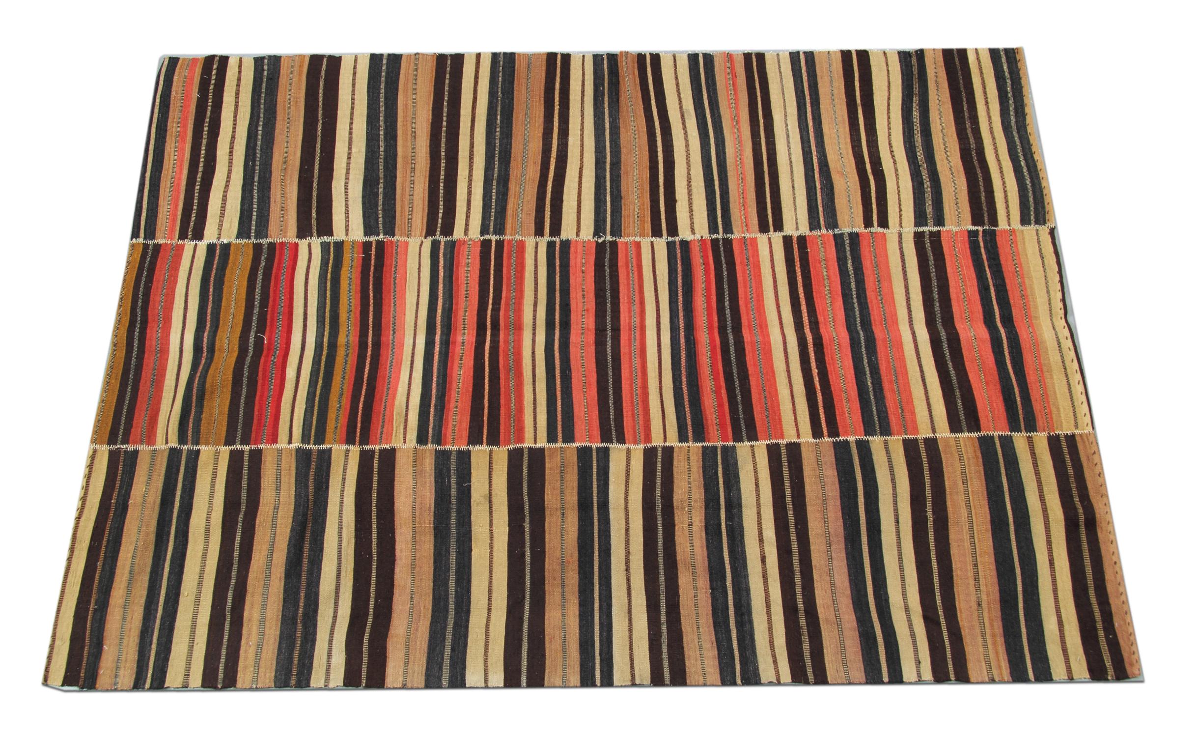 This fine antique rug wool Jajim is a flat-woven Kilim, coverlet or Jajim. It features a versatile pattern with varying width stripes in beautiful beige, red, brown and blue accents. The colour palette and design in this elegant piece make it the