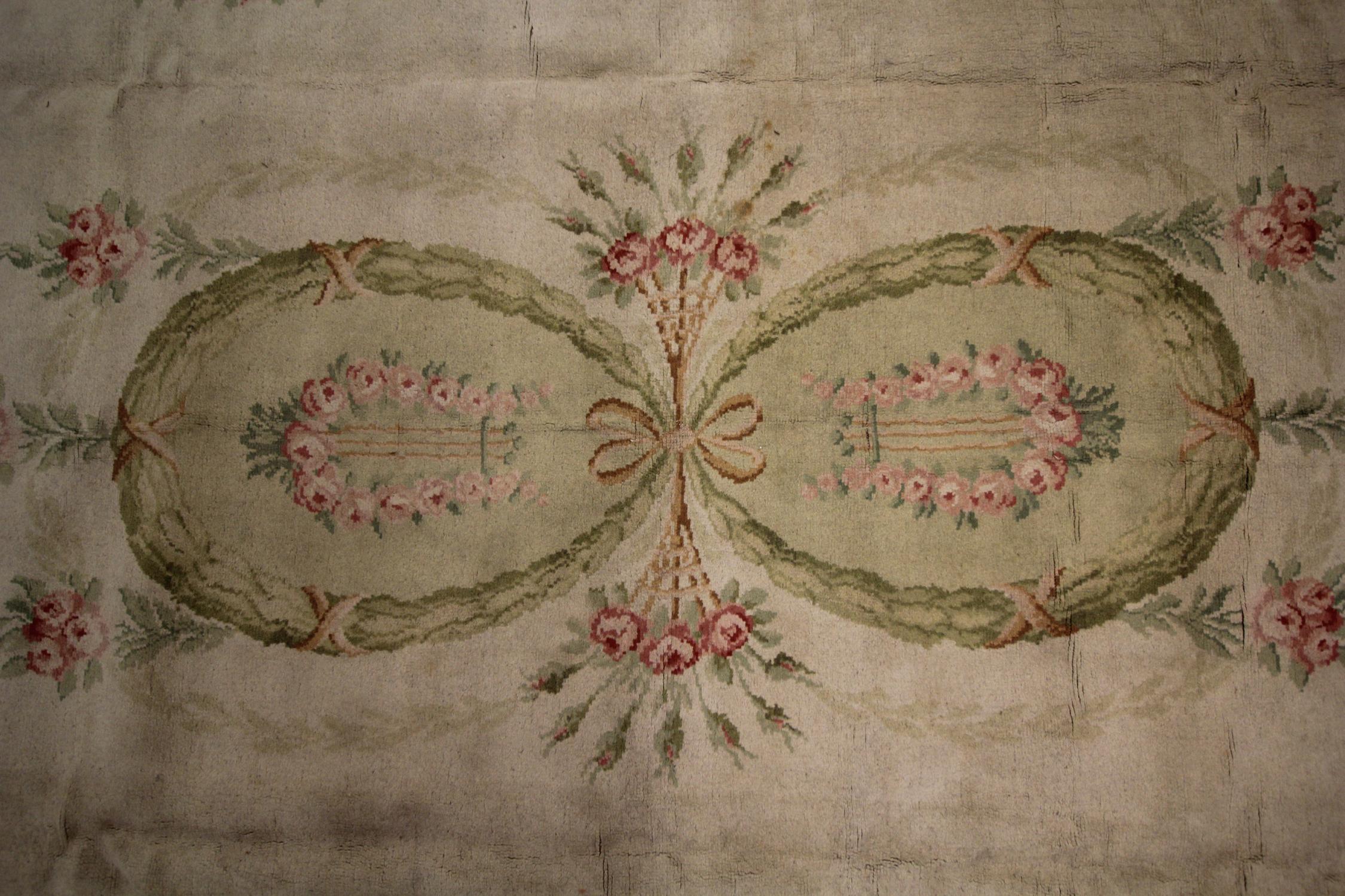 Aubusson Antique Rugs, French Savonnerie Carpet, Beige Floral Carpet Rug For Sale