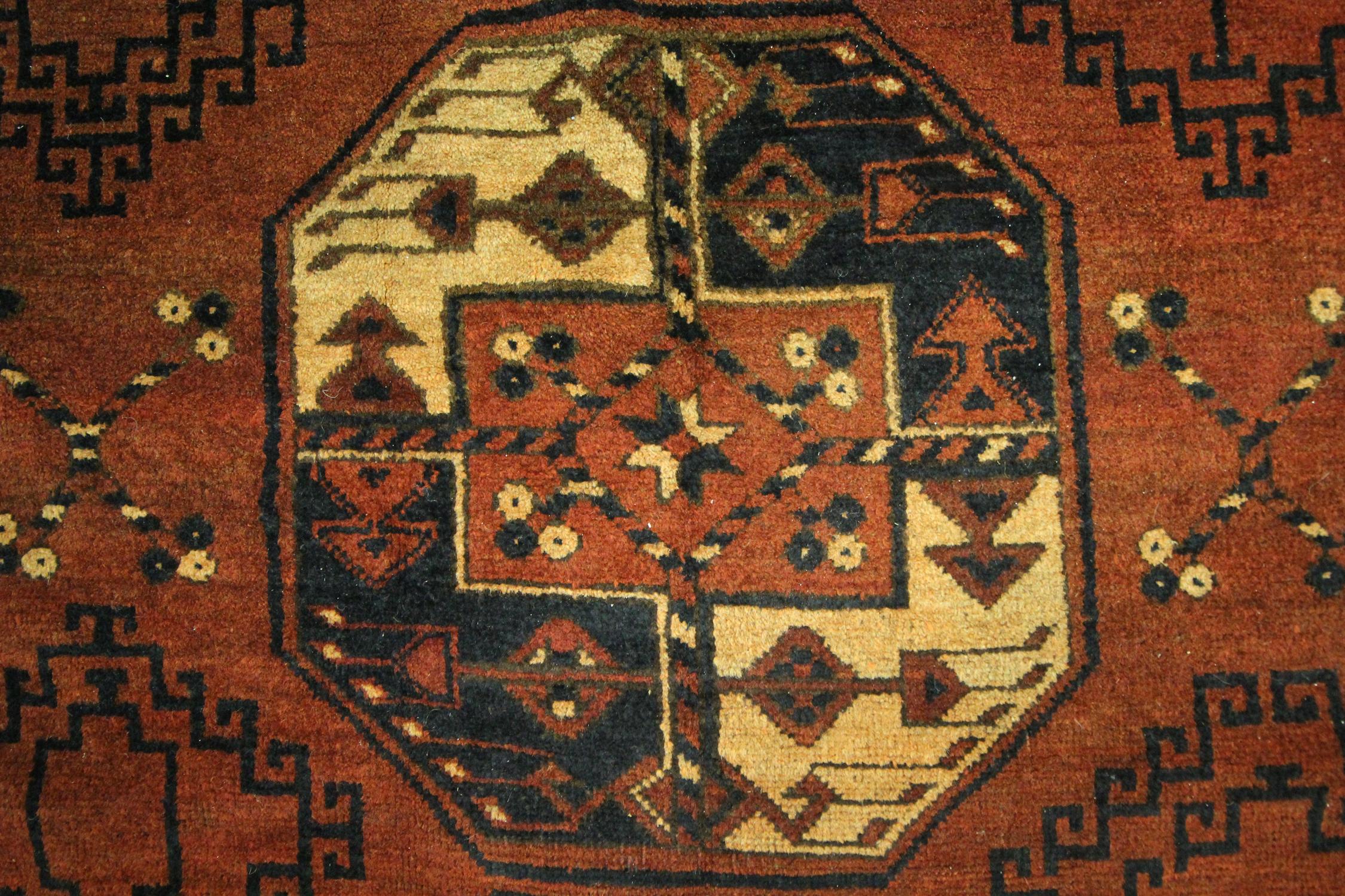 Mid-Century Modern Antique Rugs Handwoven Ersari Turkmen Carpet Brown Wool Area Rug
