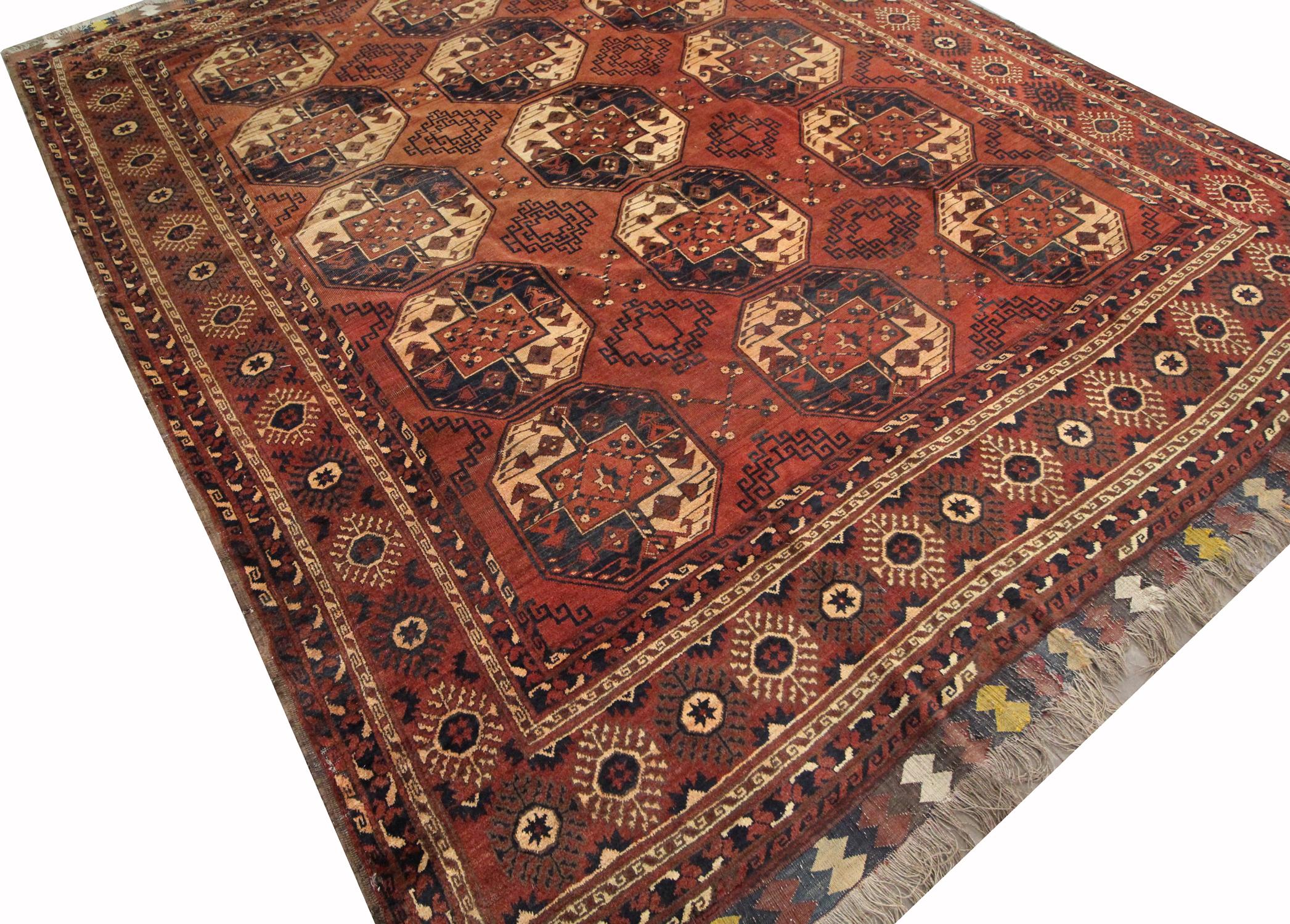Antique Rugs Handwoven Ersari Turkmen Carpet Brown Wool Area Rug In Excellent Condition In Hampshire, GB