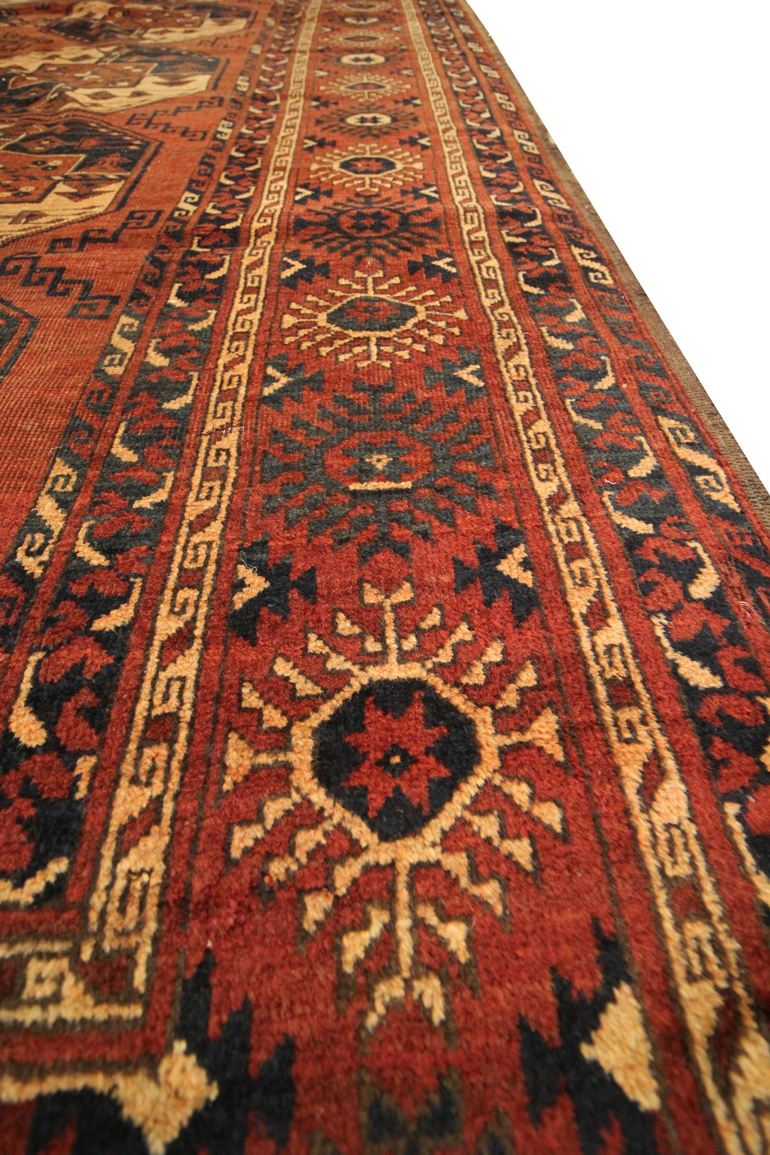 Antique Rugs Handwoven Ersari Turkmen Carpet Brown Wool Area Rug 3