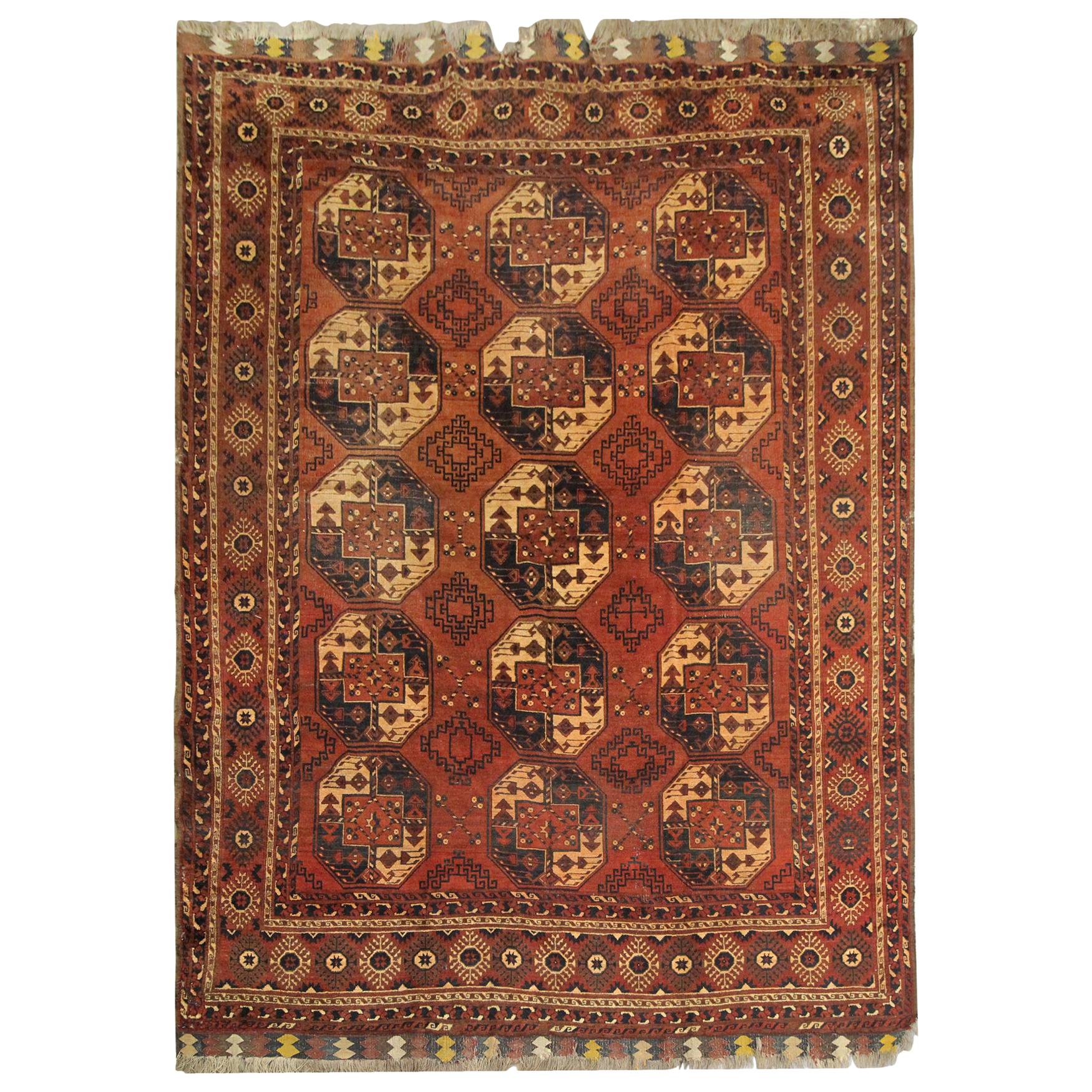 Antique Rugs Handwoven Ersari Turkmen Carpet Brown Wool Area Rug