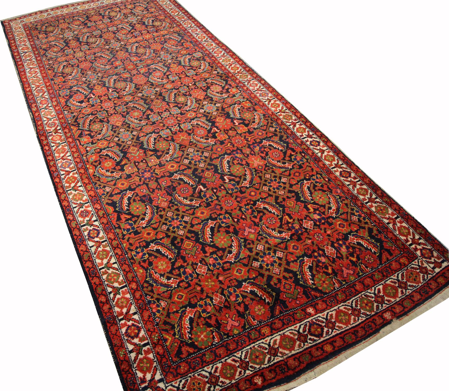 Azerbaijani Antique Rugs Handwoven Oriental Wool Orange Red Traditional Carpet For Sale