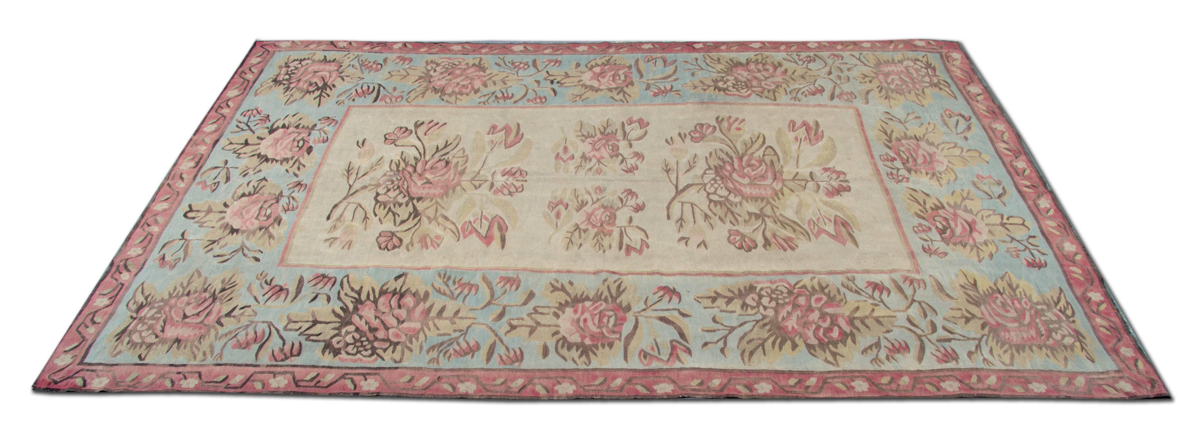 Bessarabian kilims are the commonly given name for carpets in pile and tapestry technique originating in Russian provinces as well as Ukraine and Moldova during the late 19th and early 20th centuries. This is an example of floral rug design, circa