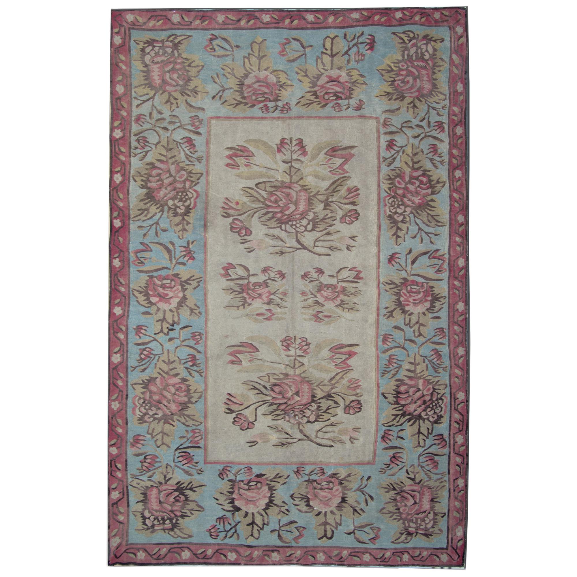 Antique Rugs, Rare Kilim Rugs from Bessarabia, Aubusson Rug, Sky Blue Area Rug For Sale