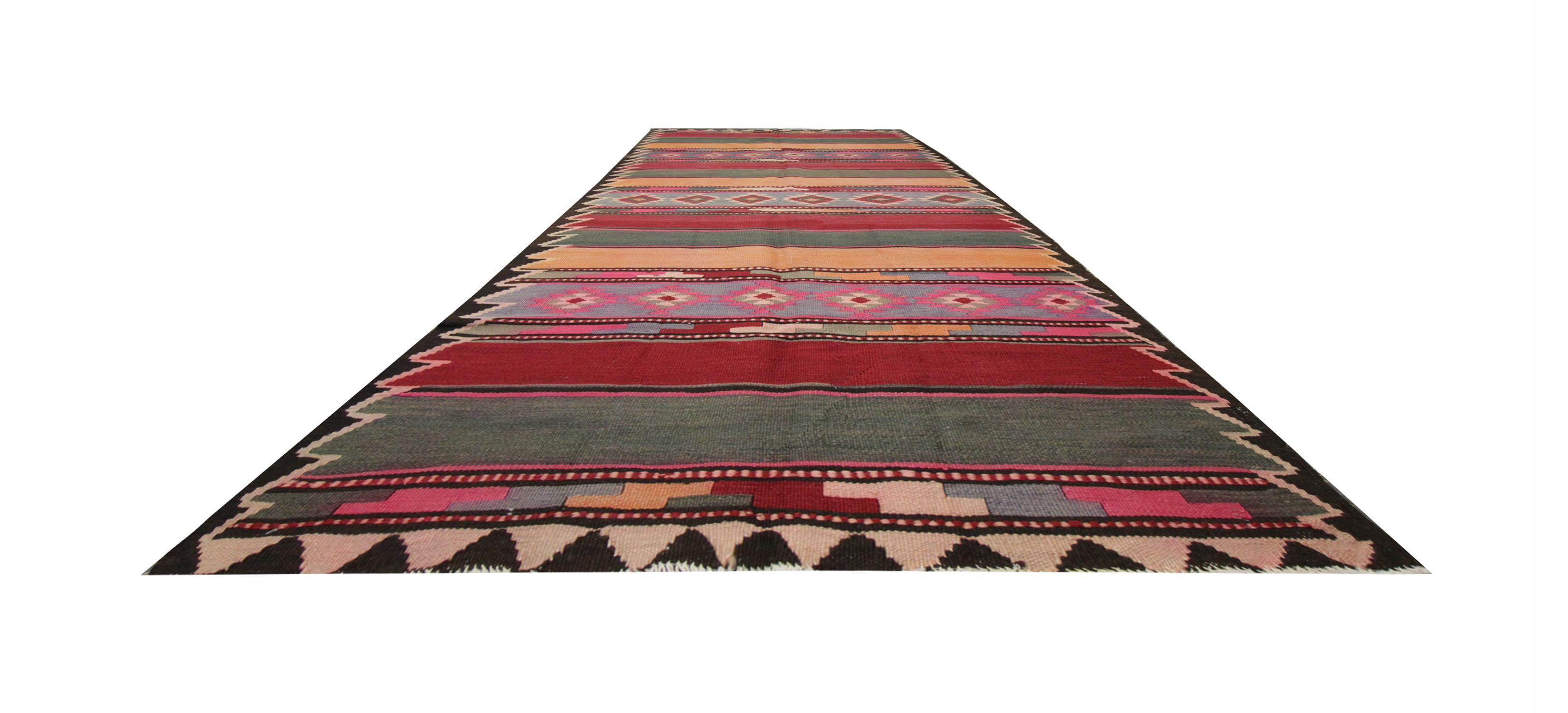 Azerbaijani Antique Rugs Modern Striped Kilim Rug, Geometric Carpet Wool Area Rug
