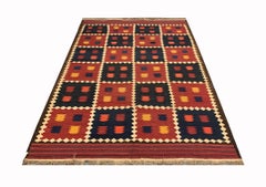 Antike Teppiche, rot-blauer Woll-Kelim-Teppich, flachgewebter Stammes-Kelim