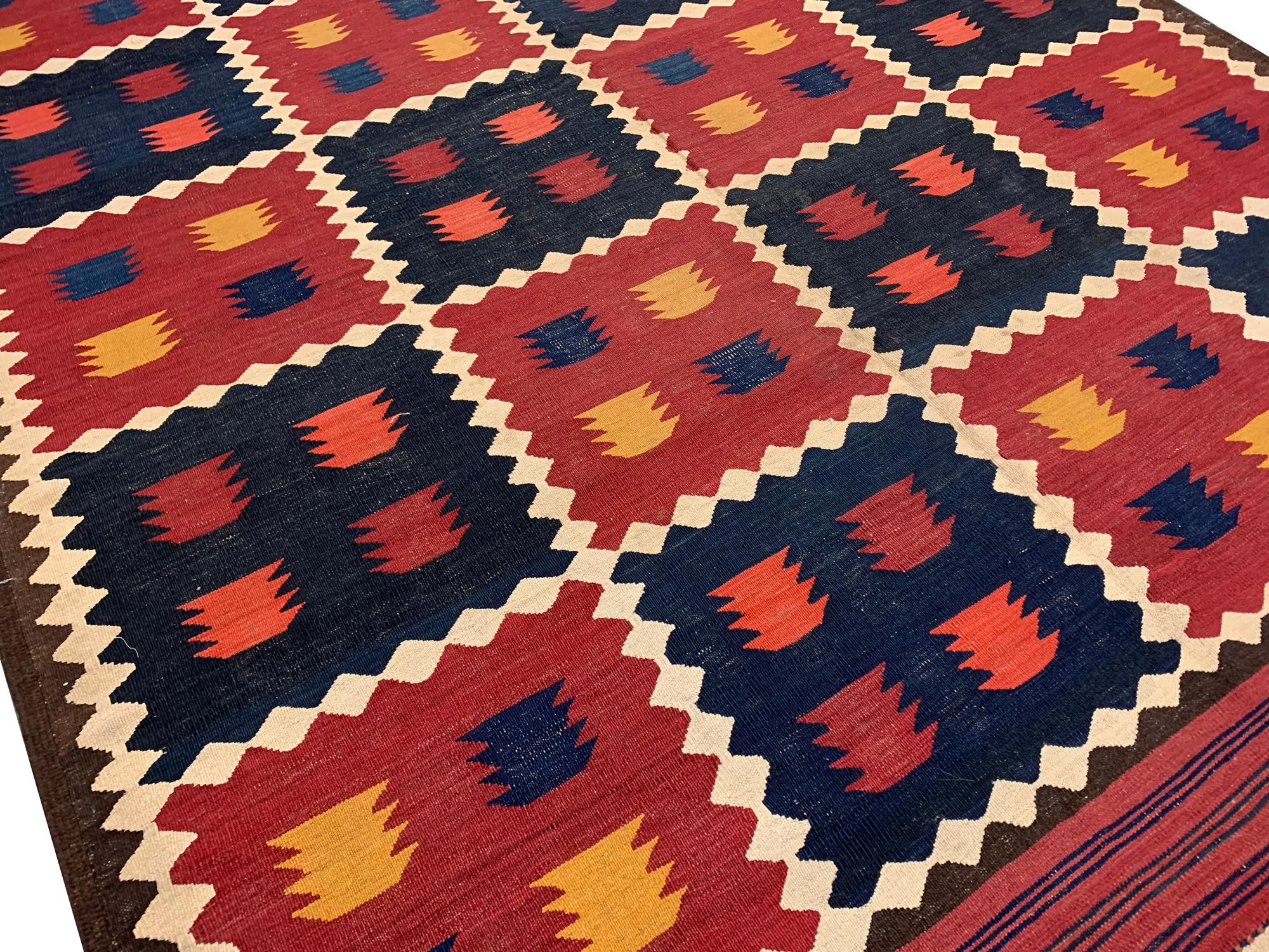 Mid-Century Modern Antique Rugs Red Blue Wool Kilim Area Rug Flat-Woven Tribal Kilim For Sale