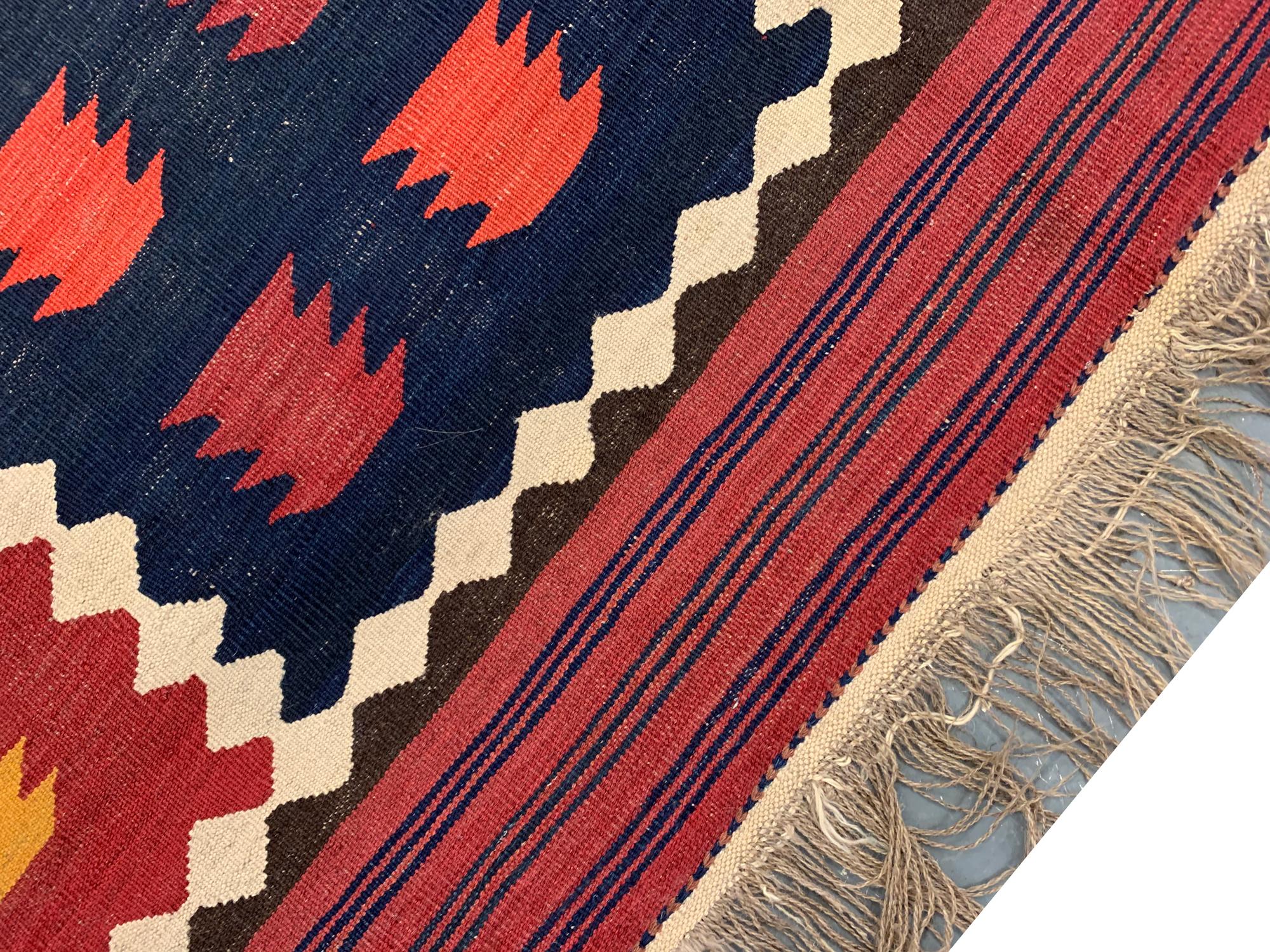 Vegetable Dyed Antique Rugs Red Blue Wool Kilim Area Rug Flat-Woven Tribal Kilim For Sale