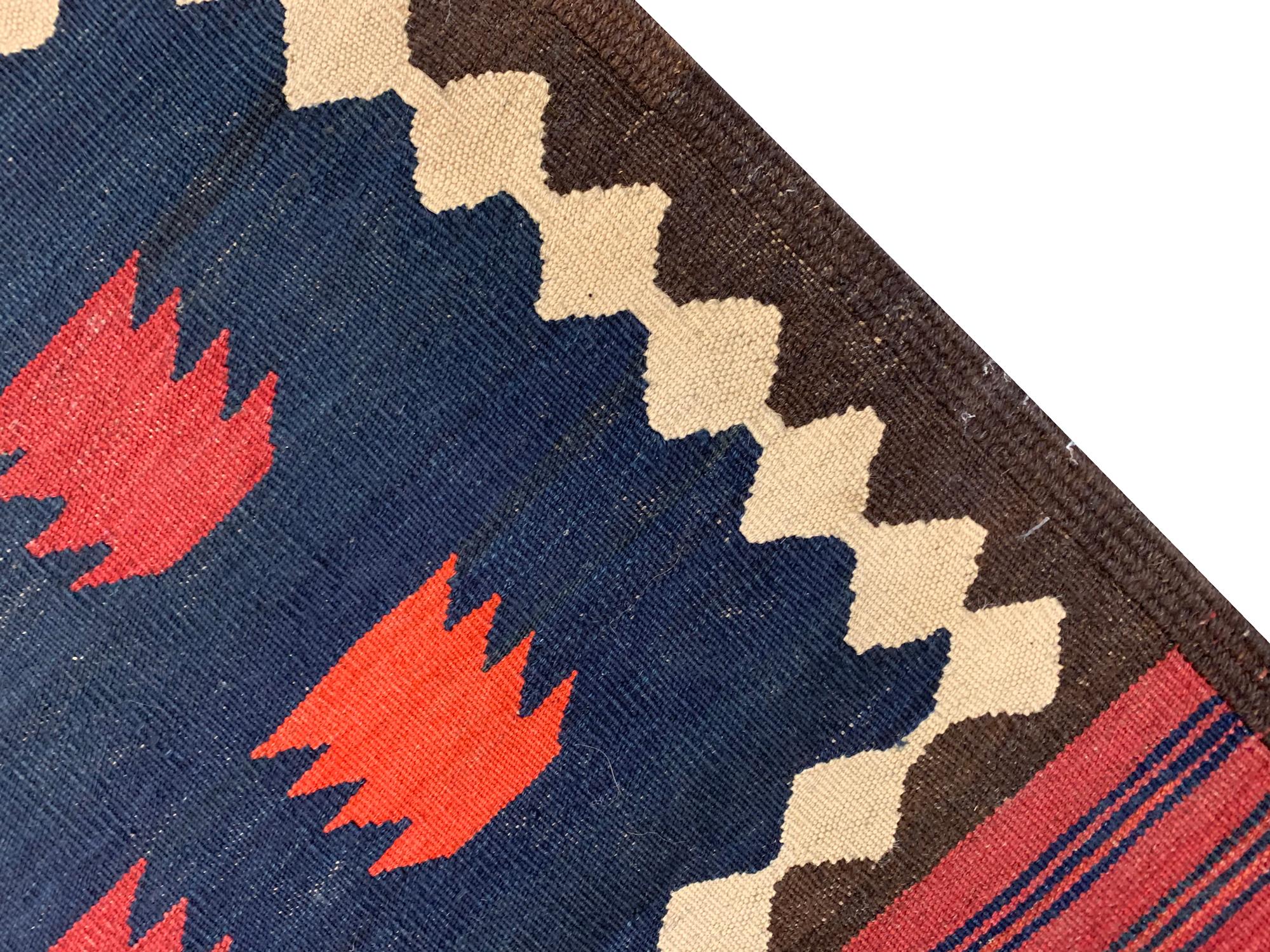 Late 19th Century Antique Rugs Red Blue Wool Kilim Area Rug Flat-Woven Tribal Kilim For Sale