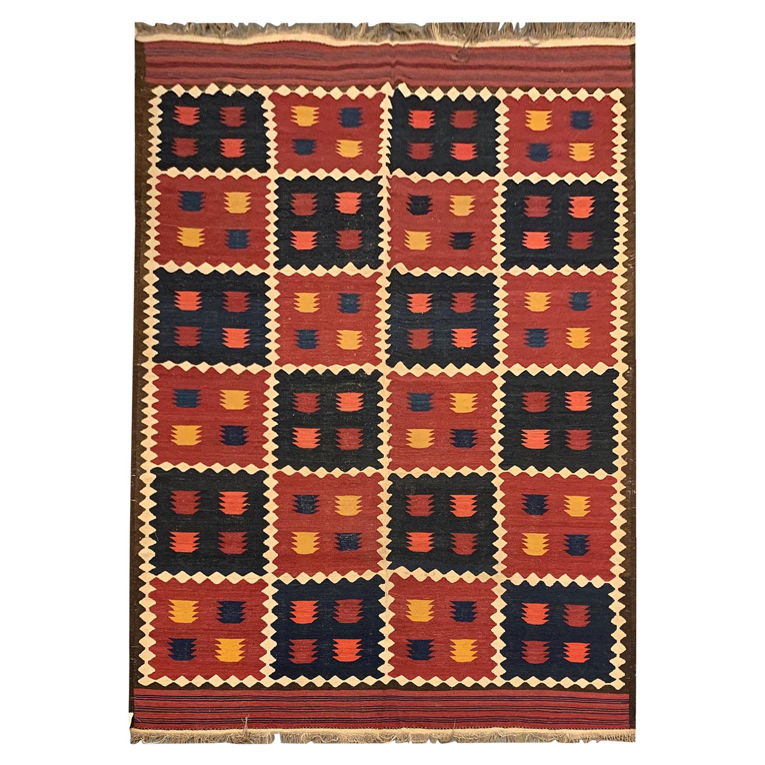 Antique Rugs Red Blue Wool Kilim Area Rug Flat-Woven Tribal Kilim For Sale