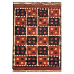Tapis Kilim ancien en laine rouge et bleu Tapis tribal tissé à plat Kilim
