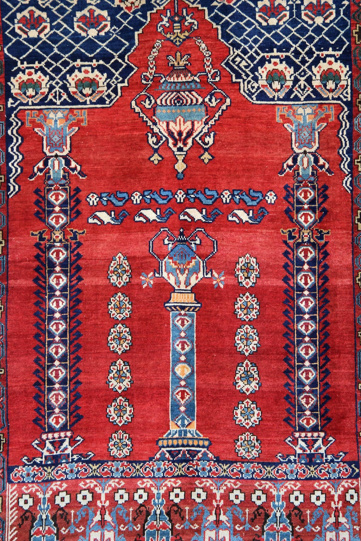 Kazak Rare Antique Rugs, Red Handmade Carpet, Caucasian Shirvan Mihrabi Oriental Rugs For Sale