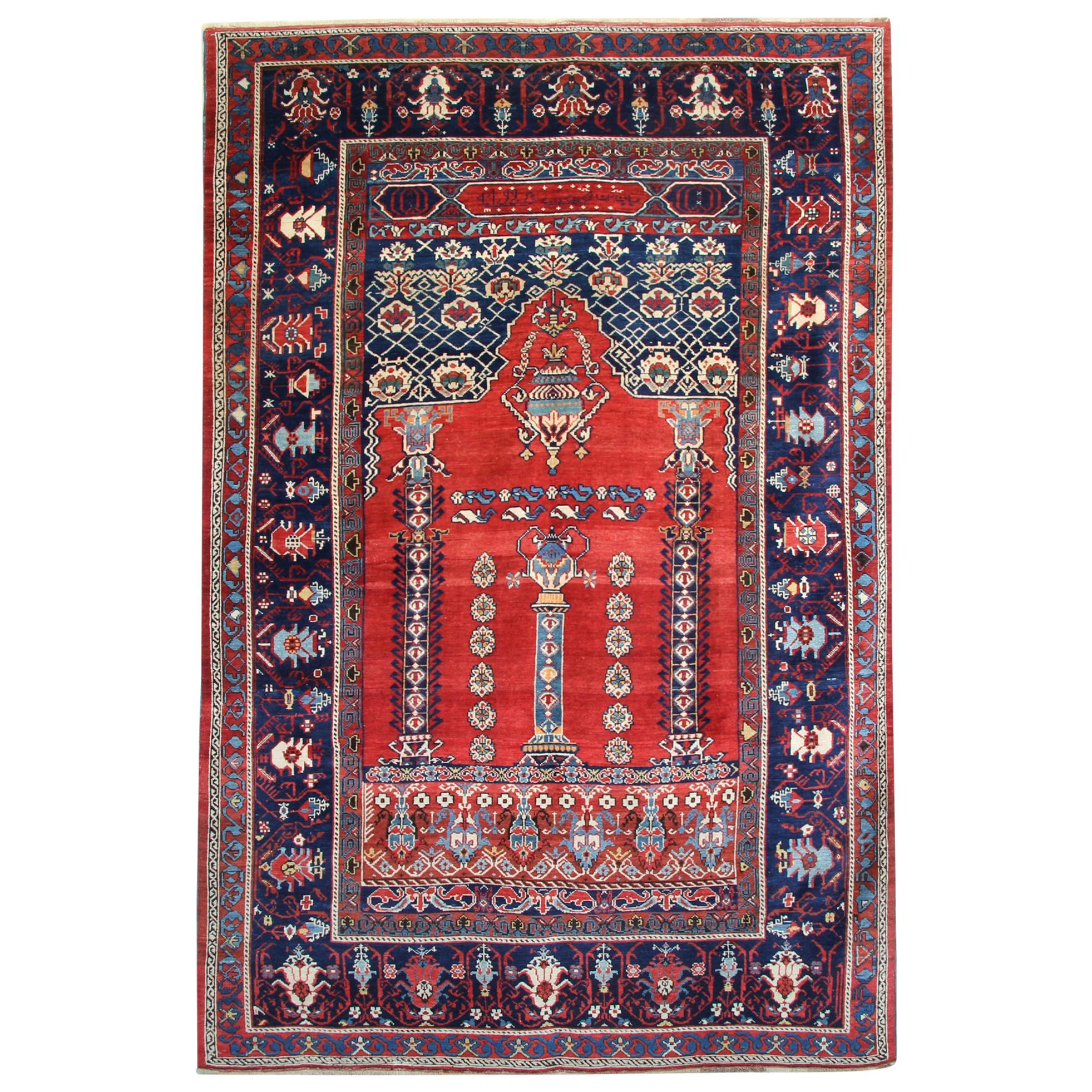 Rare Antique Rugs, Red Handmade Carpet, Caucasian Shirvan Mihrabi Oriental Rugs For Sale