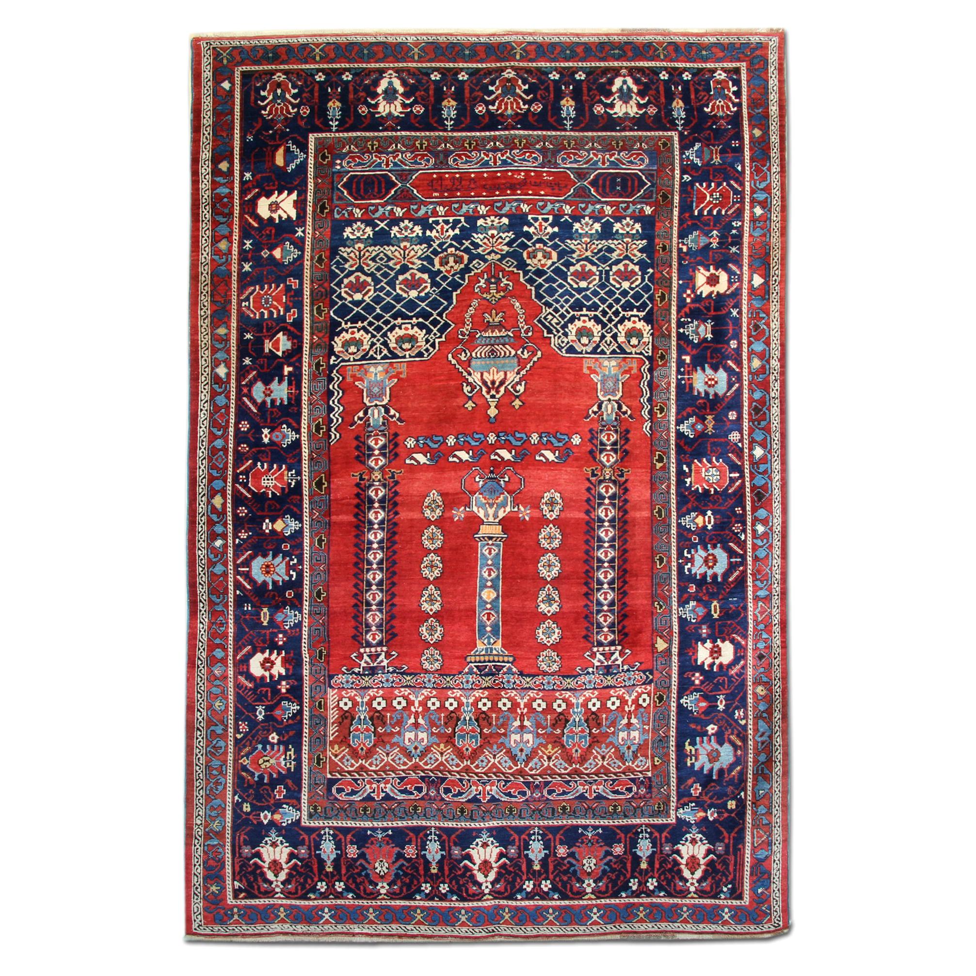 Rare Antique Rugs, Red Handmade Carpet, Caucasian Shirvan Mihrabi Rugs For Sale