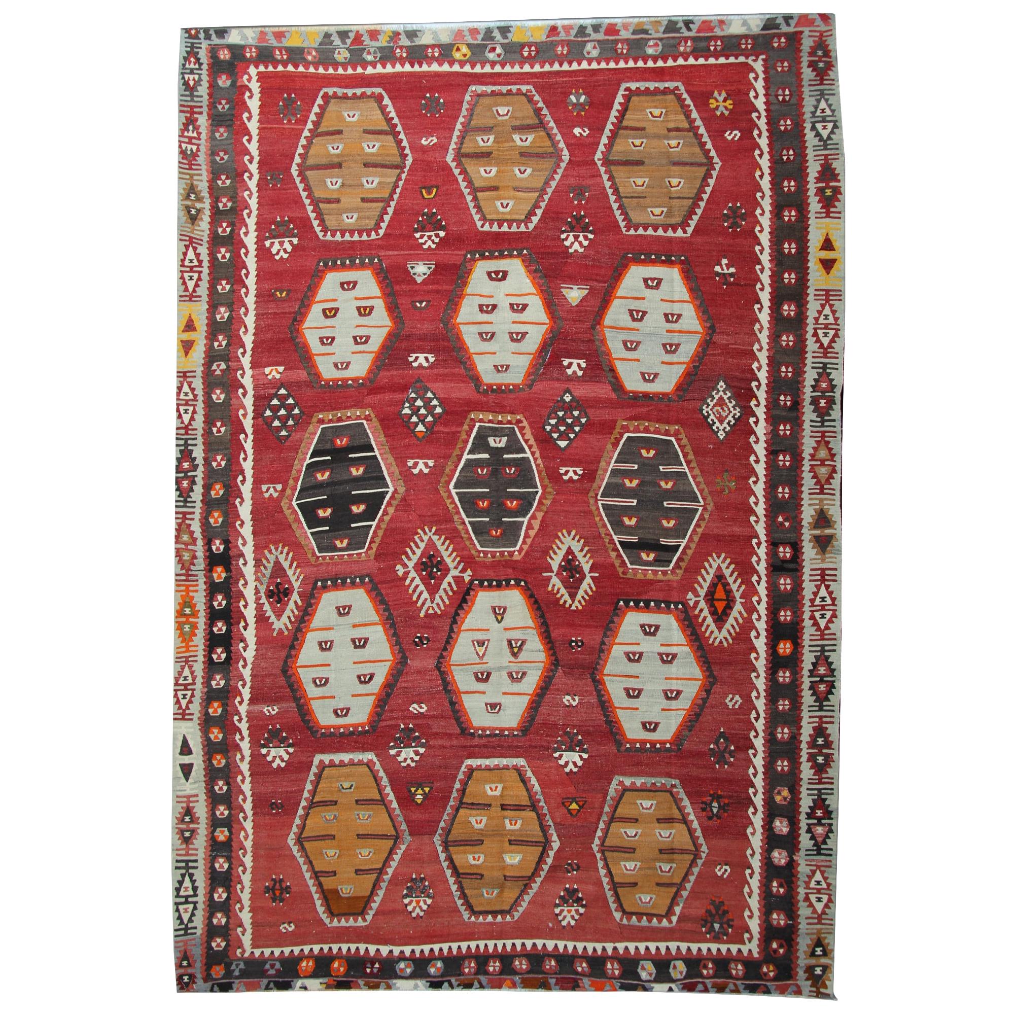 Antique Rugs, Red Kilim Rugs Sarkisla Carpet Turkish Rugs for Sale