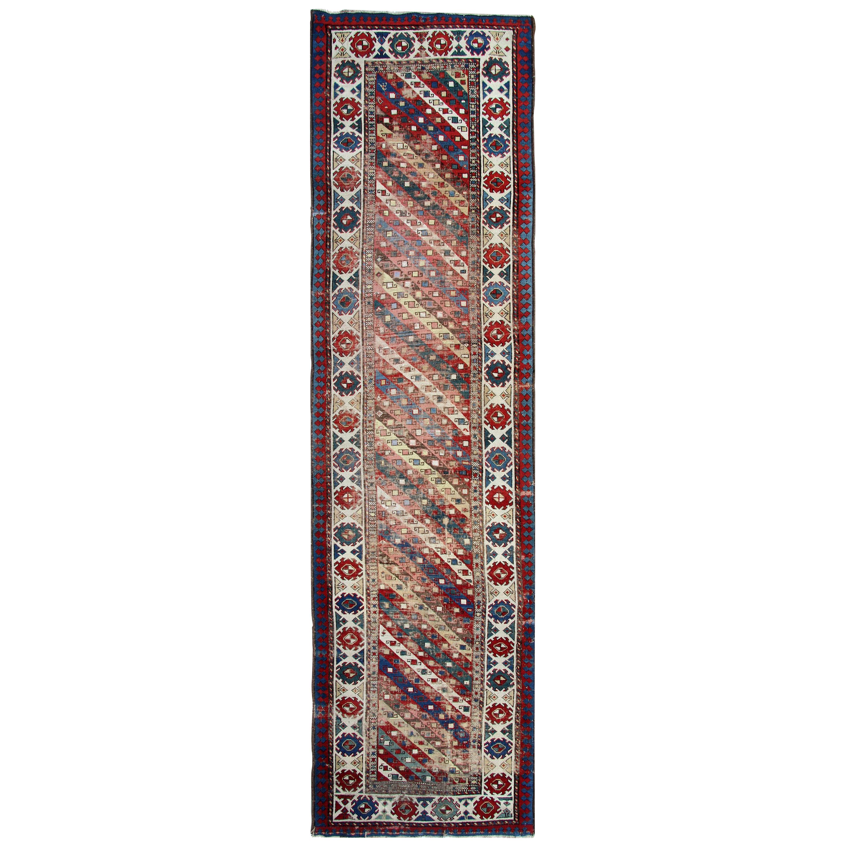 Antique Striped Rugs Runner Caucasian Handmade Carpet Runners, Oriental Rugs For Sale