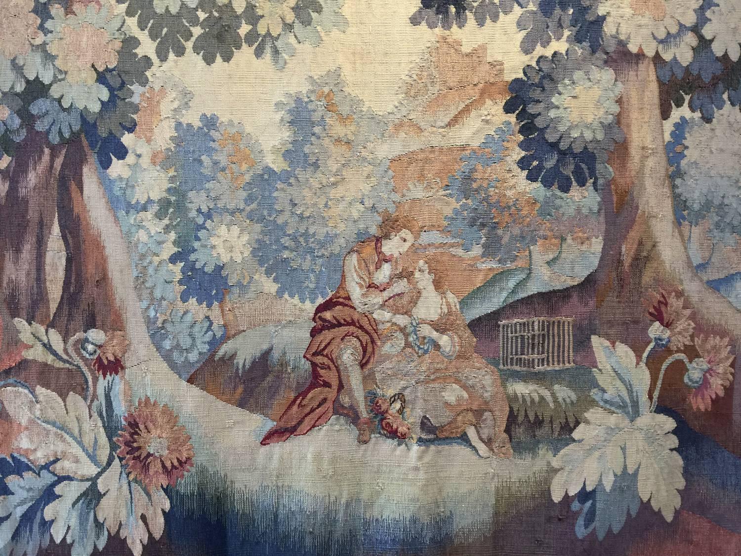 A fabulous 19th-century handwoven tapestry in excellent condition. The scene of lovers celebration among nature. A similar technique is used for making the tapestry as in Aubusson and Needlepoint in the flat weave role. These groups of decorative