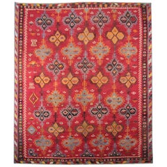 Antique Turkish Kilim Red Rug, Hand-Made and Hand-Dyed in Anatolia 