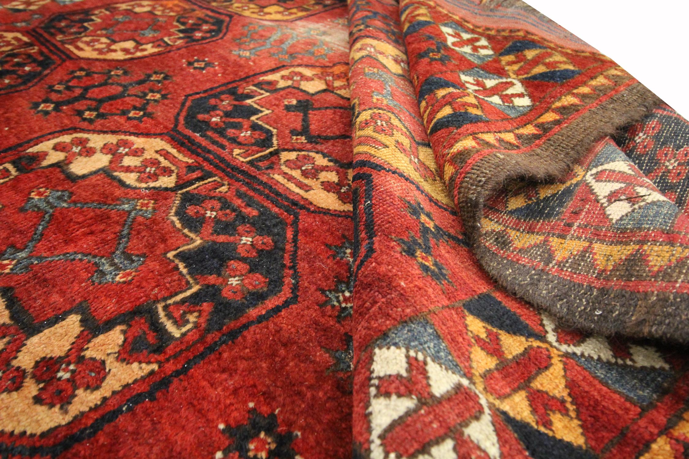 Antique Rugs Turkmen Carpet Area Rug Handwoven Red Orange Wool Rug 4