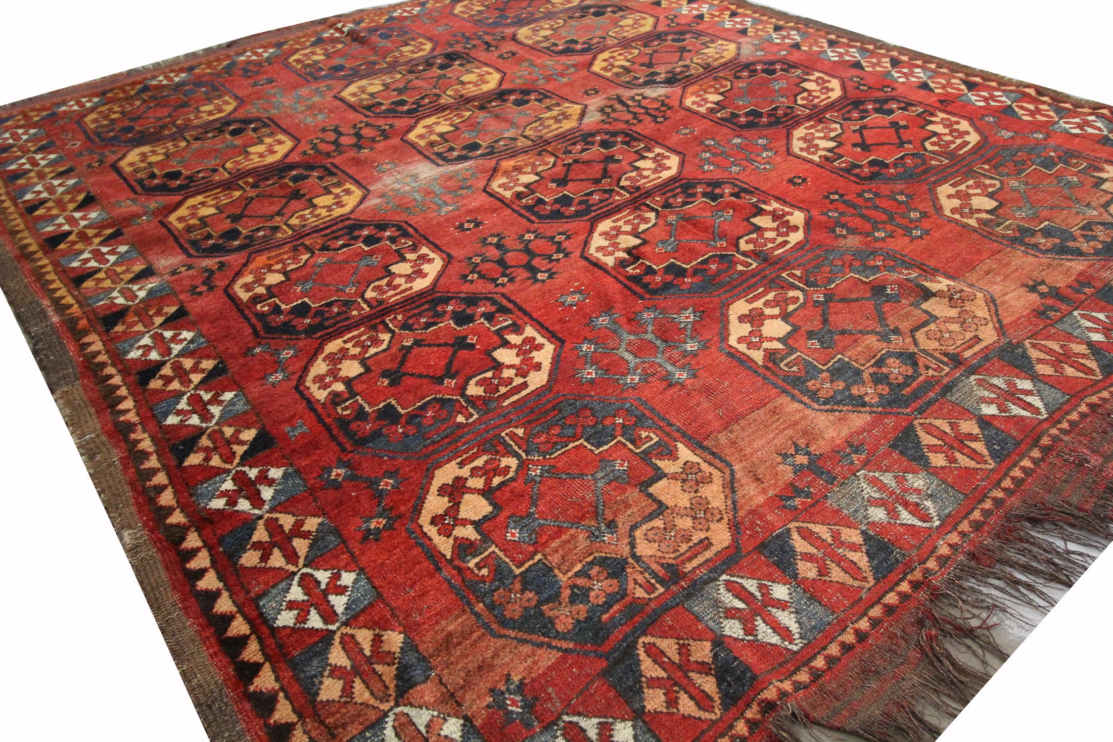 Mid-Century Modern Antique Rugs Turkmen Carpet Area Rug Handwoven Red Orange Wool Rug