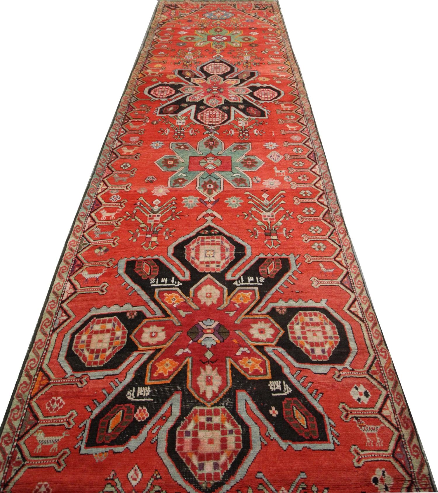 Art Deco Antique Runner Rug Caucasian Karabagh Handmade Carpet Oriental Wool Stair Runner For Sale