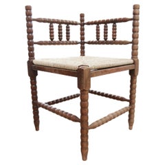 Antique Rural Dutch Carved Corner Bobbin Chair with New Rush