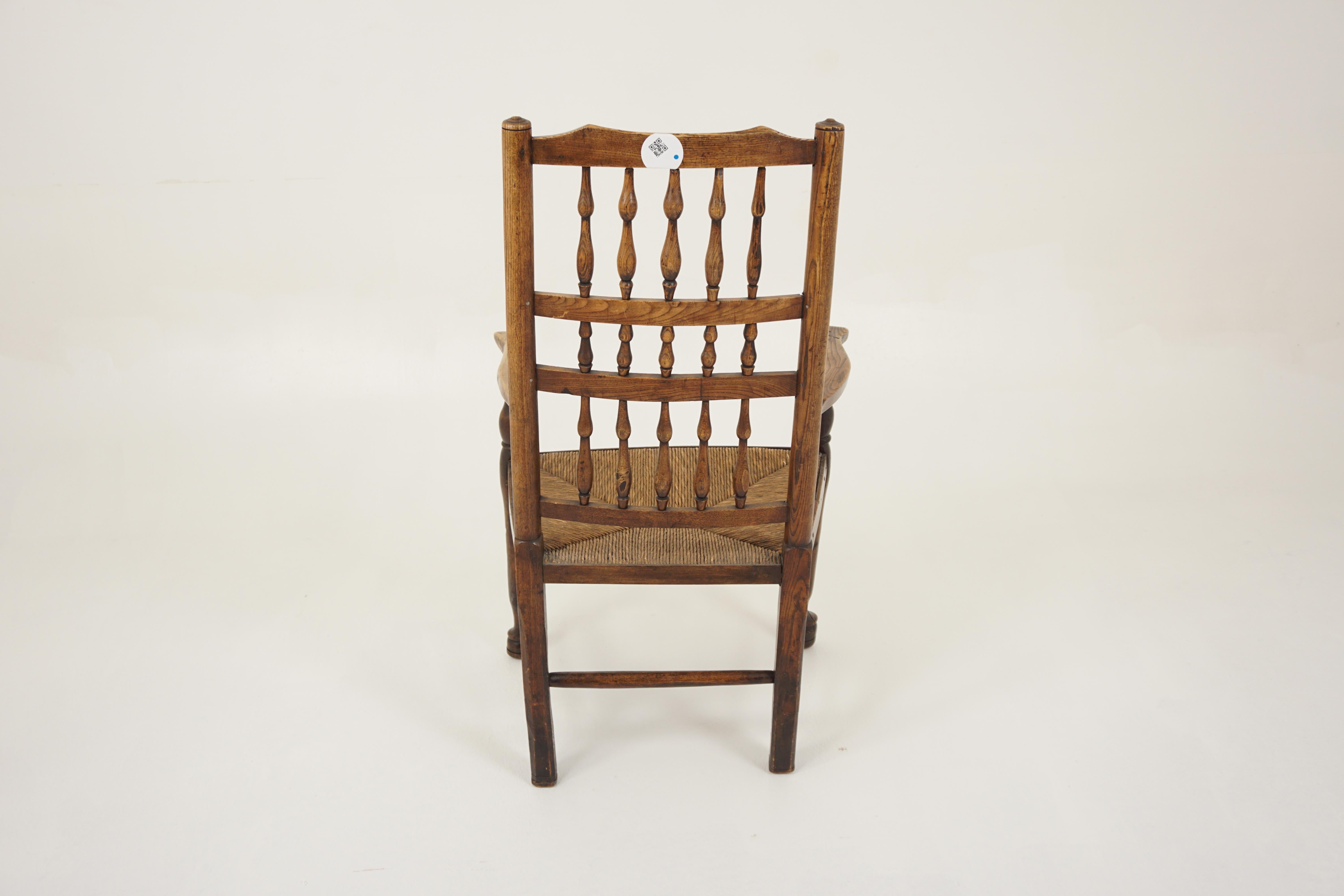 Antique Rush Seated Elm Lancashire Spindle Back Arm Chair, England 1900, H942 5