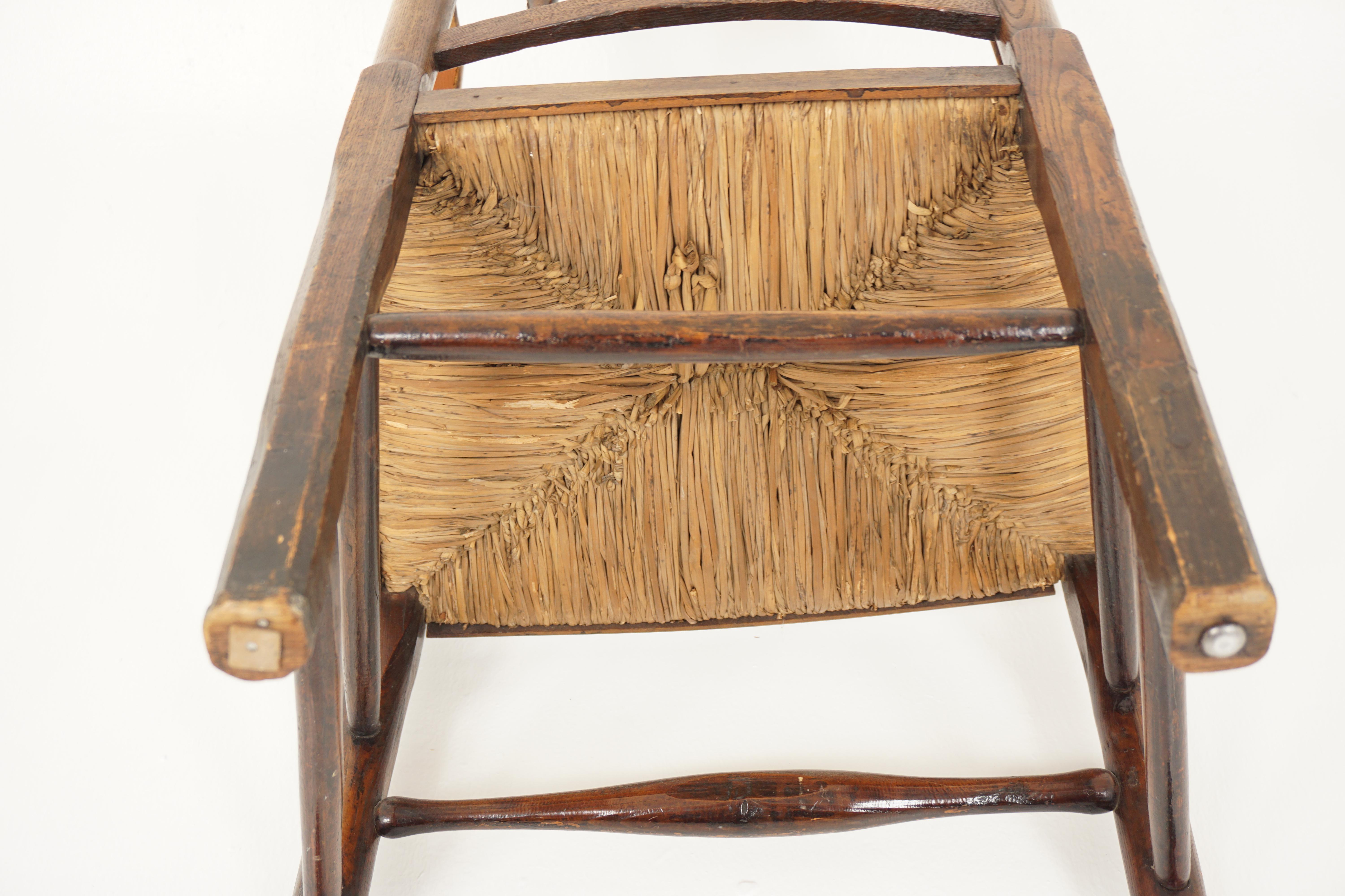 Antique Rush Seated Elm Lancashire Spindle Back Arm Chair, England 1900, H942 6