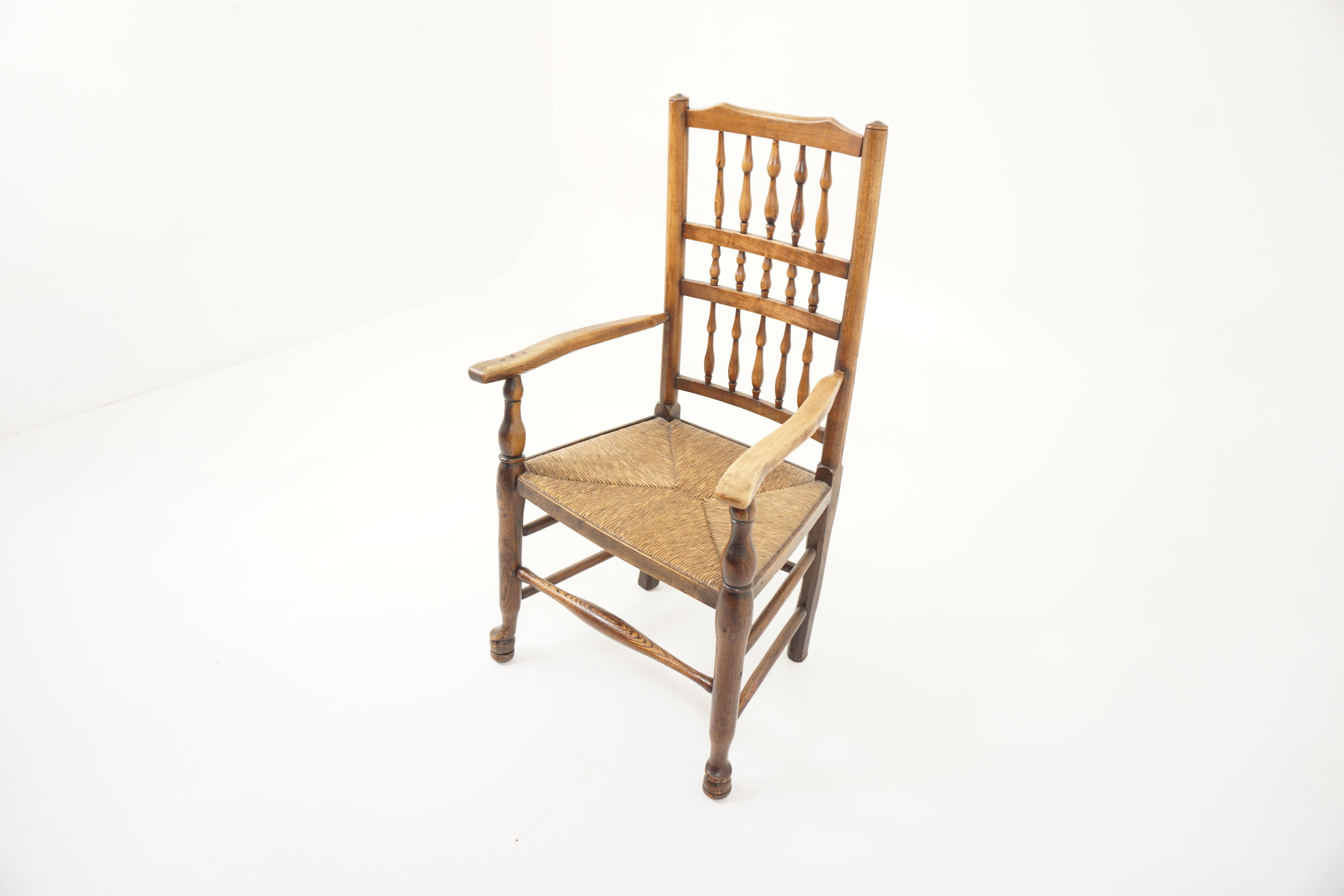 English Antique Rush Seated Elm Lancashire Spindle Back Arm Chair, England 1900, H942
