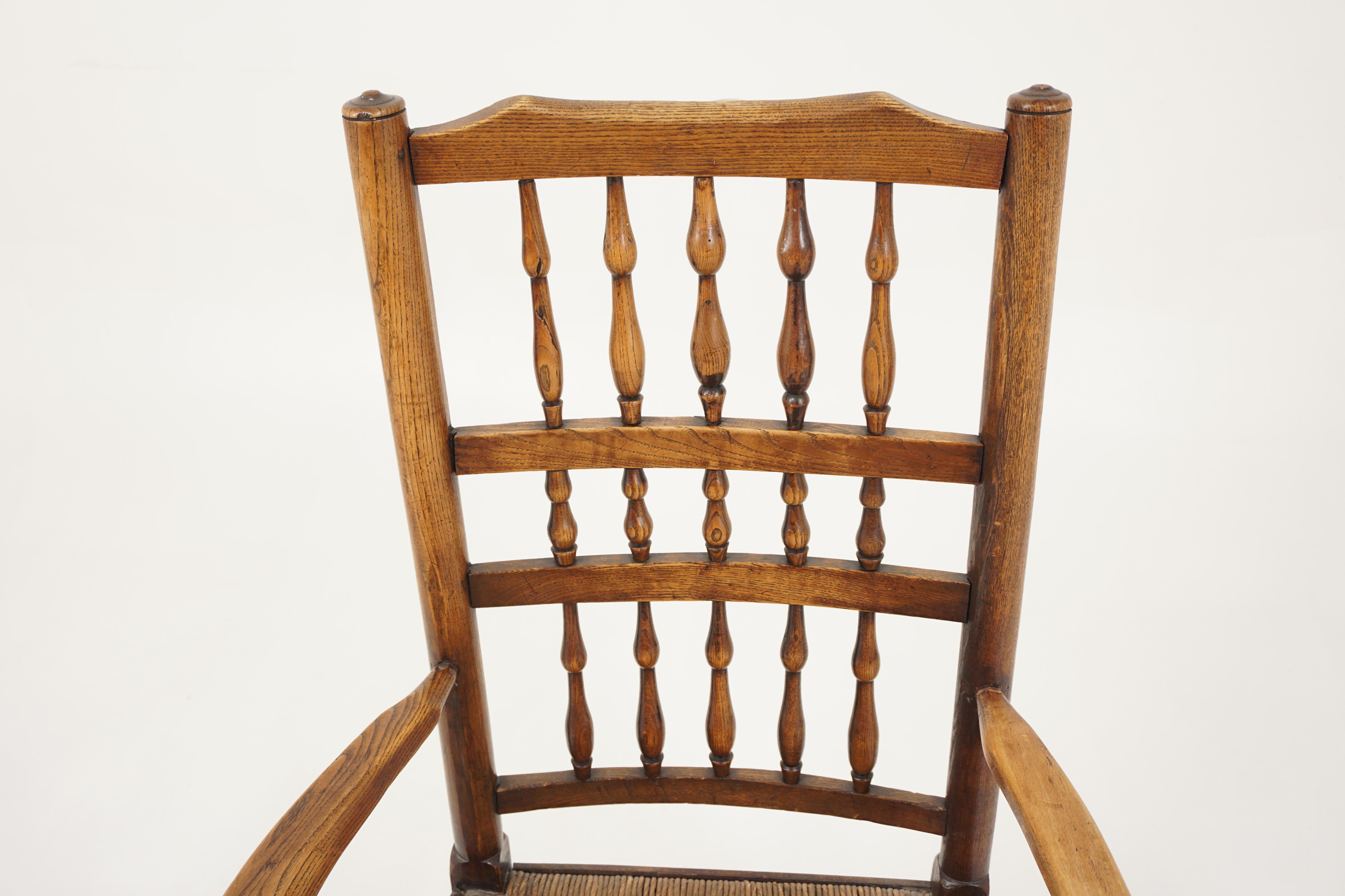 Early 20th Century Antique Rush Seated Elm Lancashire Spindle Back Arm Chair, England 1900, H942