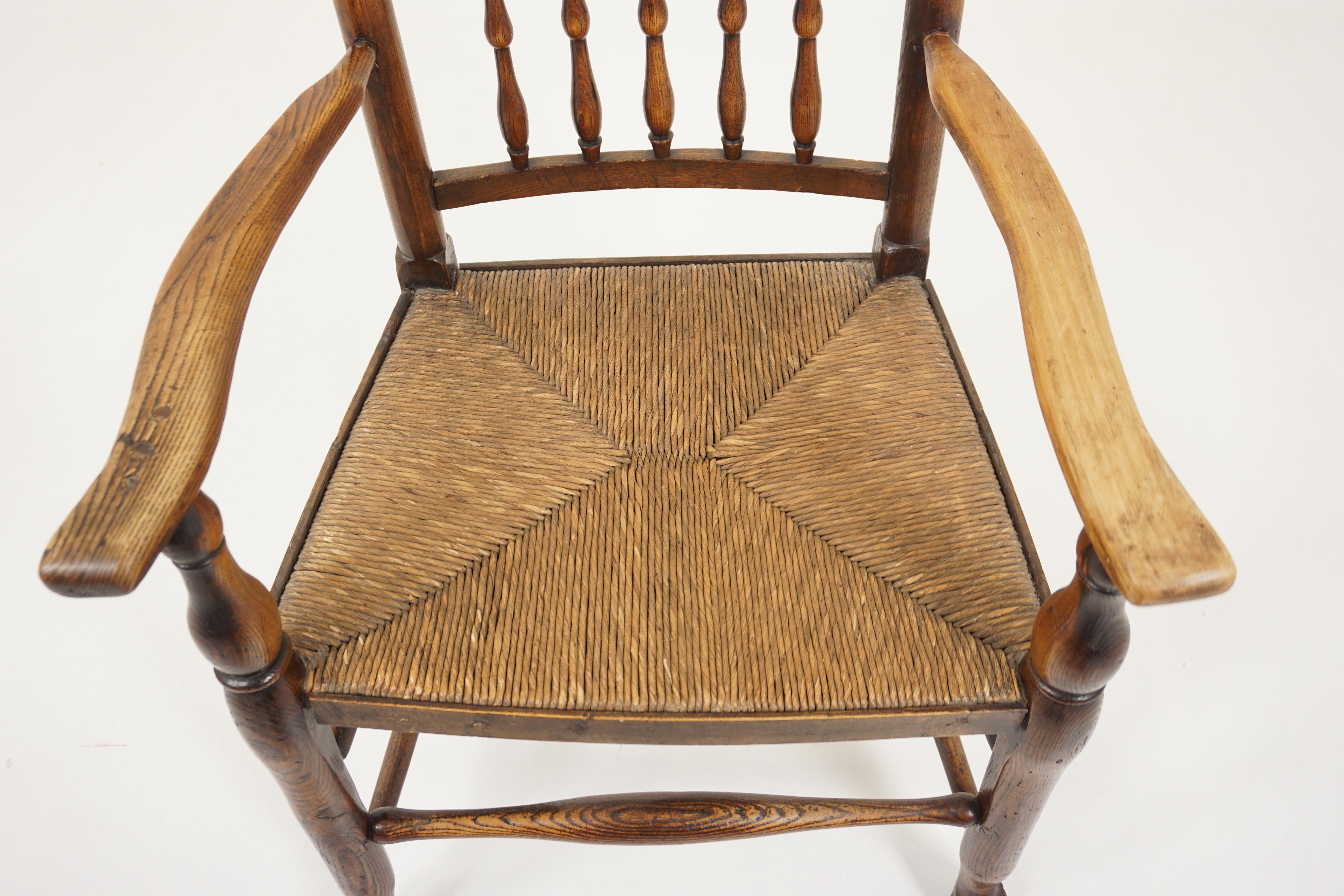 Antique Rush Seated Elm Lancashire Spindle Back Arm Chair, England 1900, H942 1