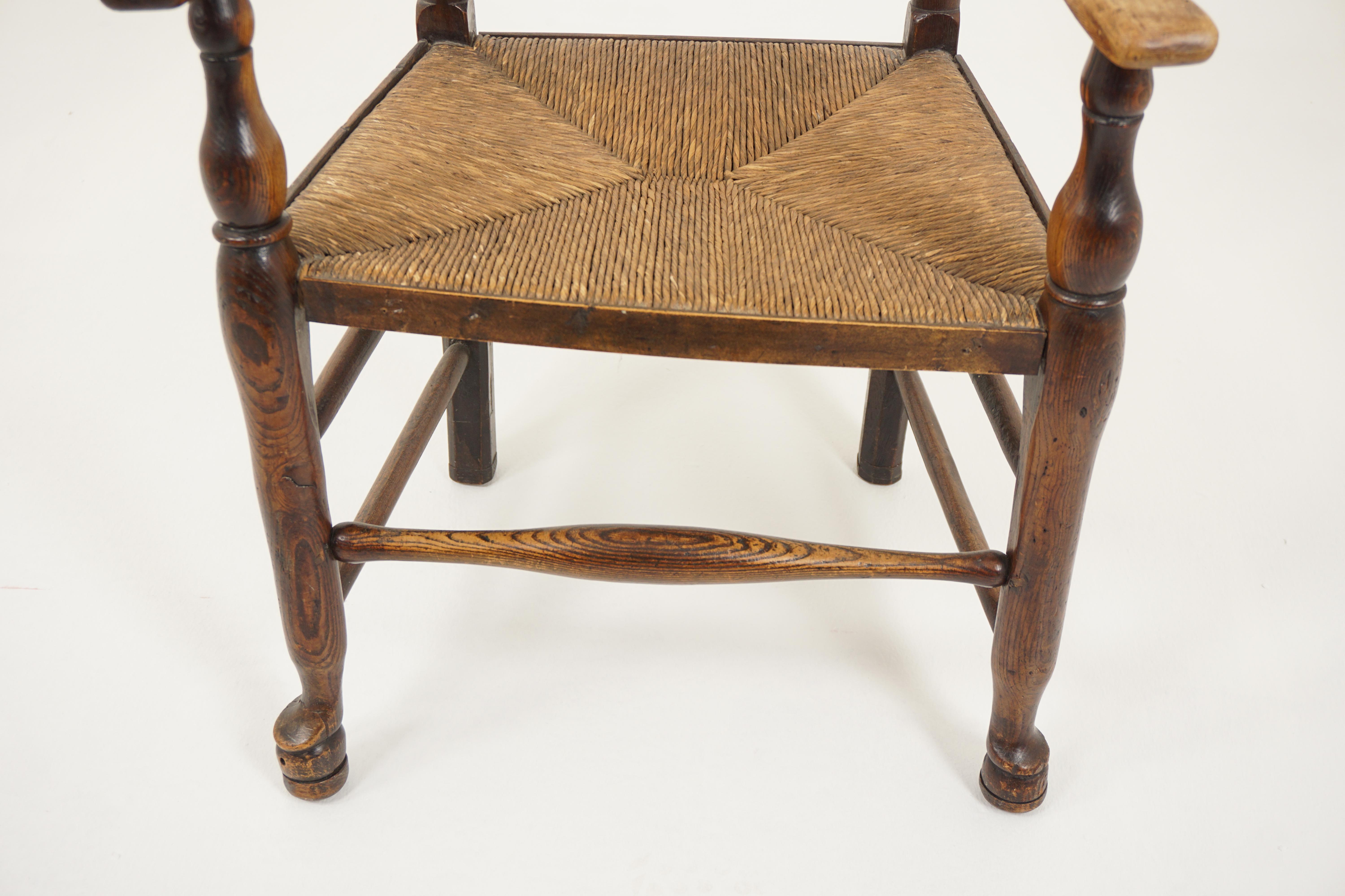 Antique Rush Seated Elm Lancashire Spindle Back Arm Chair, England 1900, H942 2