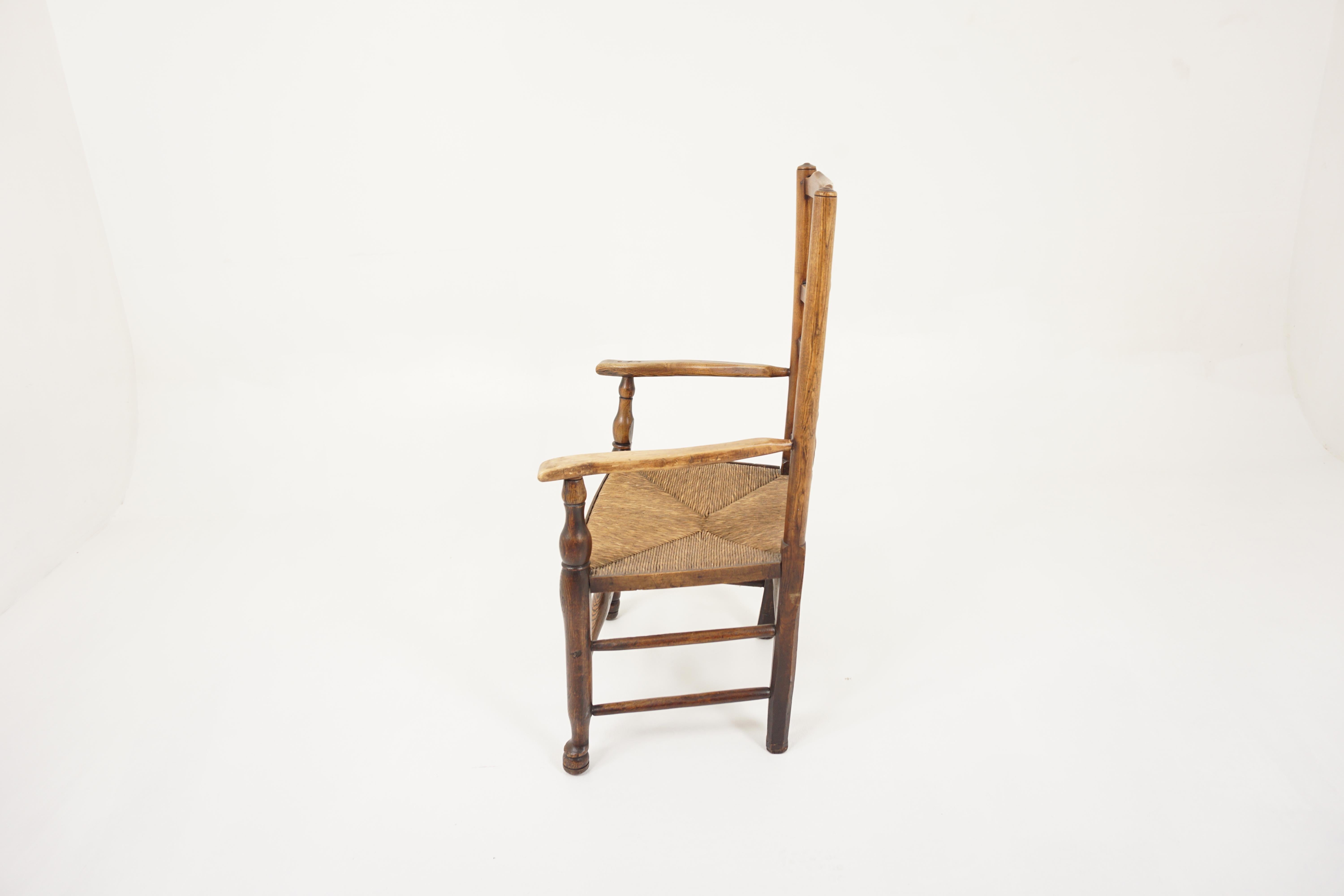 Antique Rush Seated Elm Lancashire Spindle Back Arm Chair, England 1900, H942 3