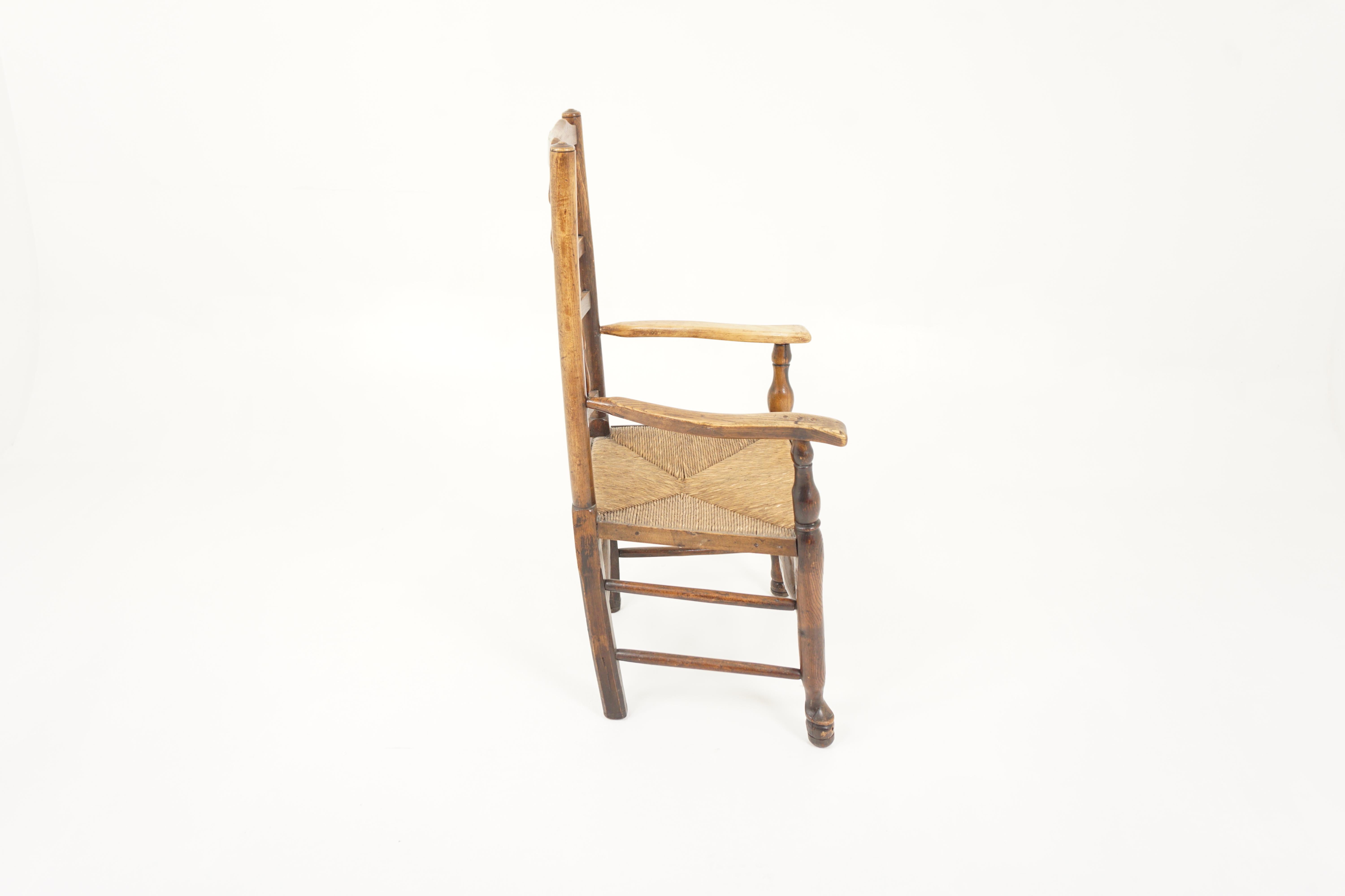 Antique Rush Seated Elm Lancashire Spindle Back Arm Chair, England 1900, H942 4