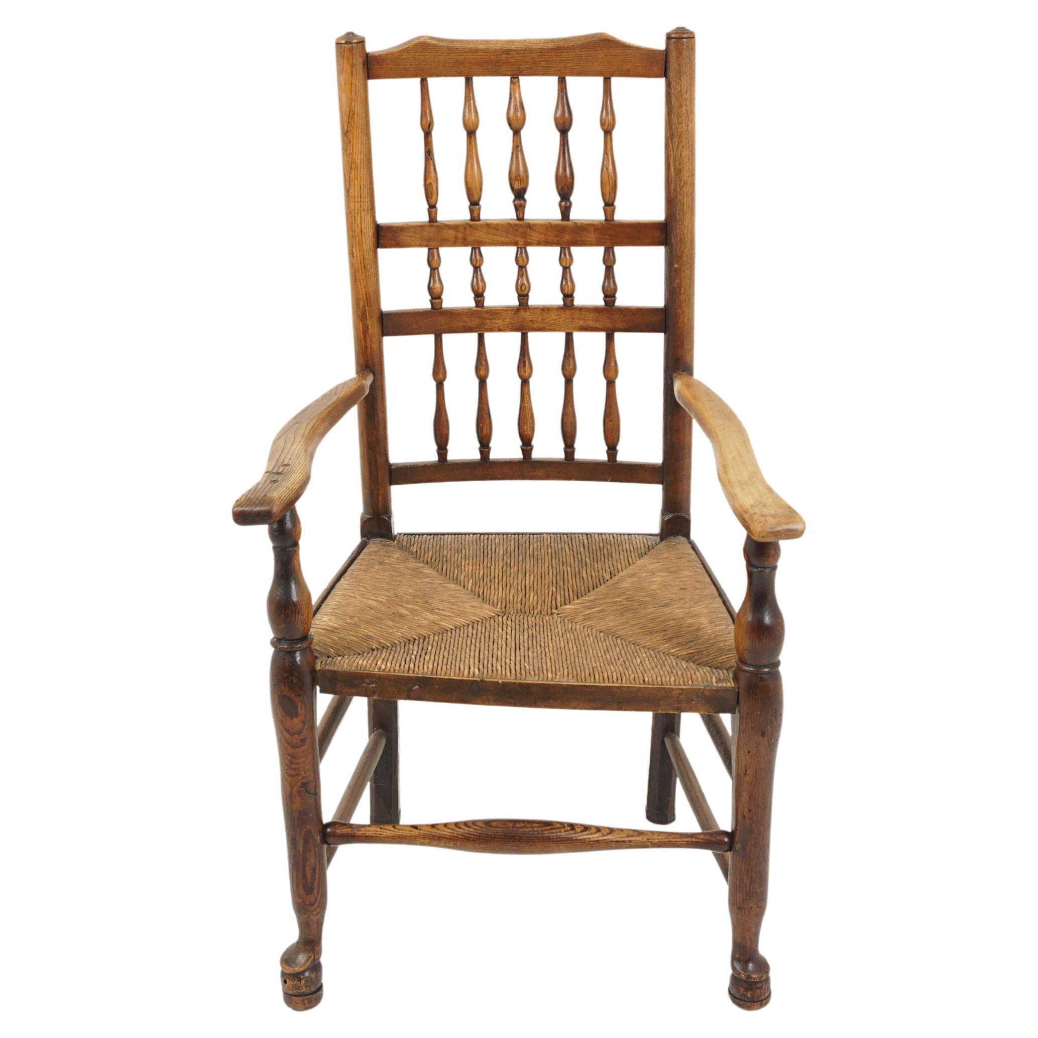 Antique Rush Seated Elm Lancashire Spindle Back Arm Chair, England 1900, H942