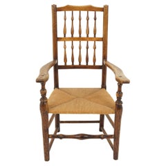 Antique Rush Seated Elm Lancashire Spindle Back Arm Chair, England 1900, H943