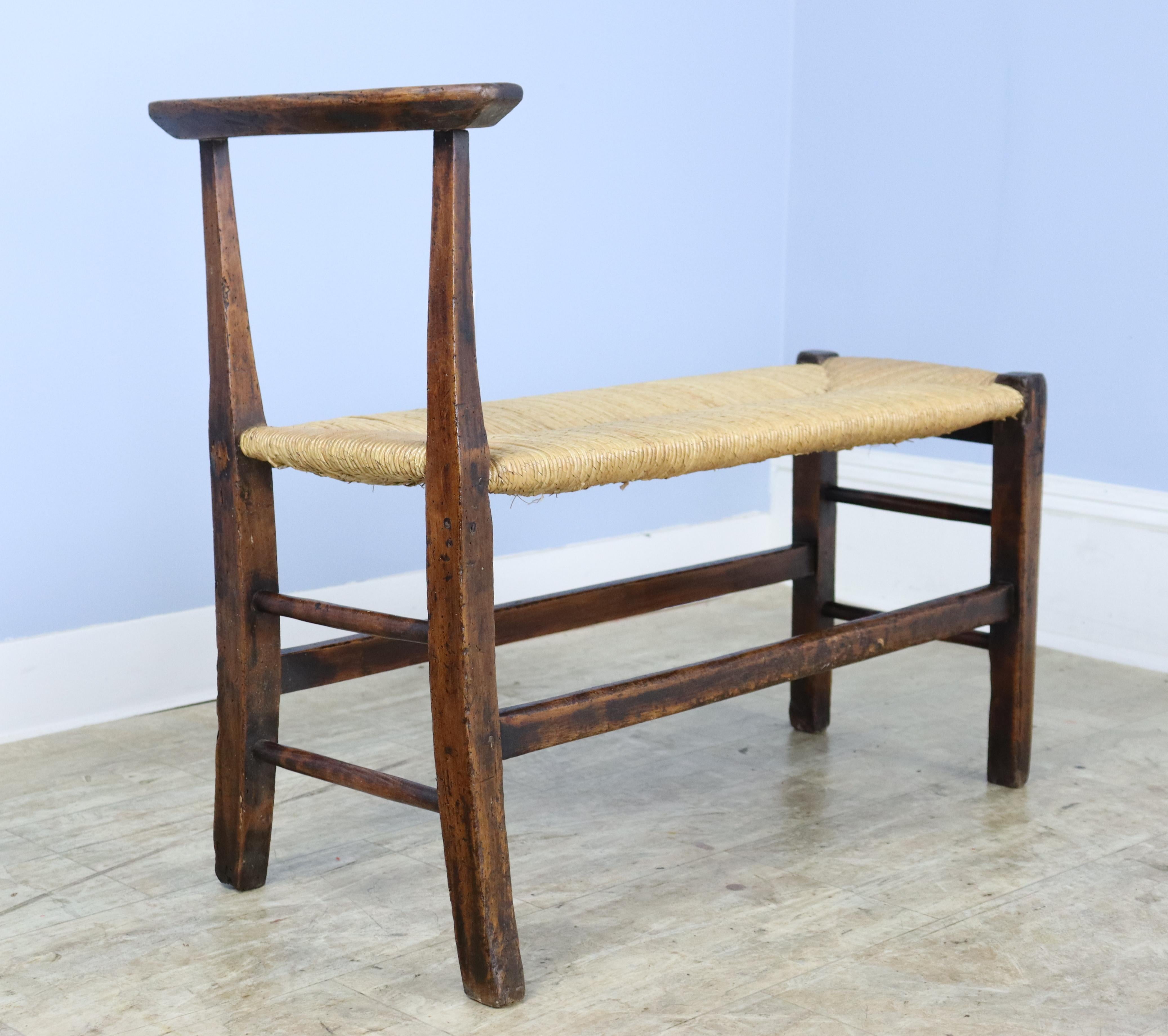 19th Century Antique Rush Seated Stool with One Arm