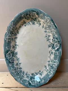 Antique Ruskin Large Oval Platter, Crown Pottery, greenfloral transferware, 1905