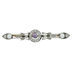 Antike russische 14 Karat Gold Diamant-Brosche mit natürlichen Perlen