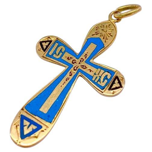 Antique Russian cross pendant coloured with hand paint light blue enamel in 14k gold made in moscow 1891.c imperial russian era cross messurments 4cm to bail hall marked 56 imperial russian gold standard and assayer intial AP for ivan liebdken