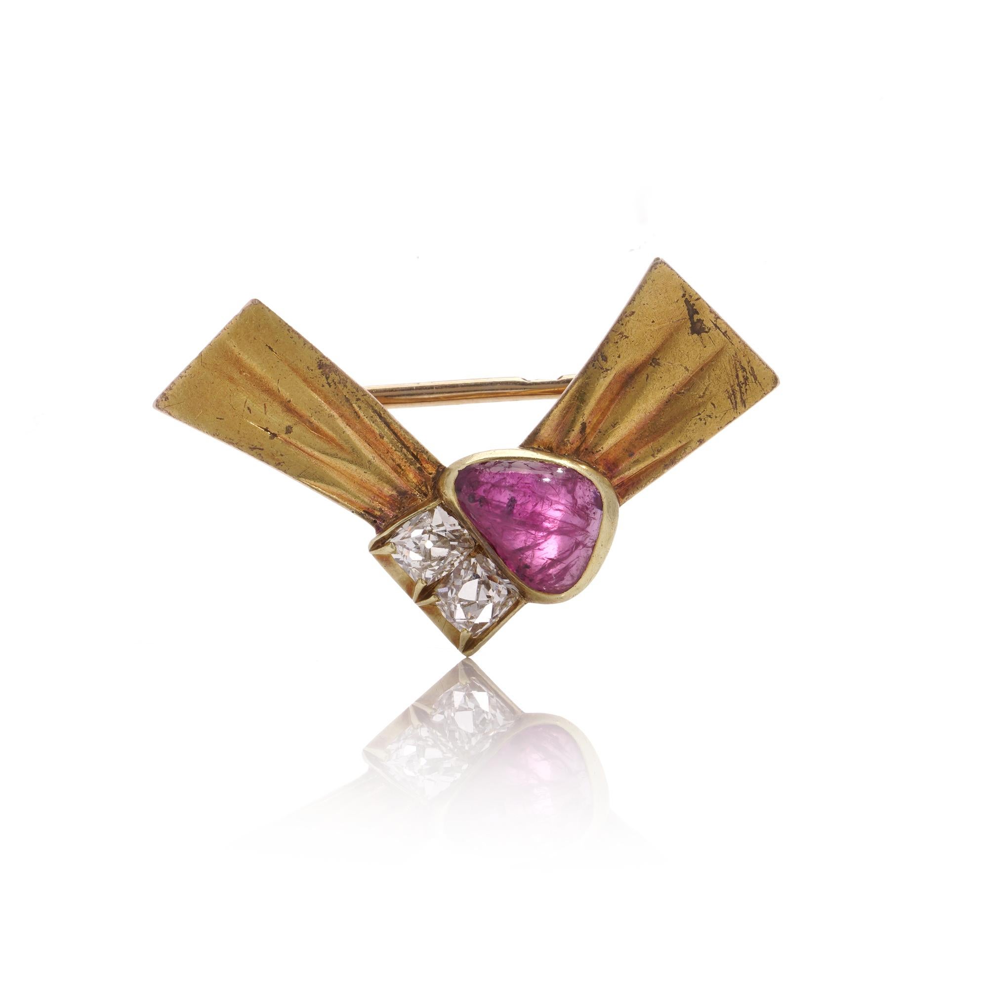 Cabochon Antique Russian 14kt Gold Ruby Diamond Bow Brooch For Sale