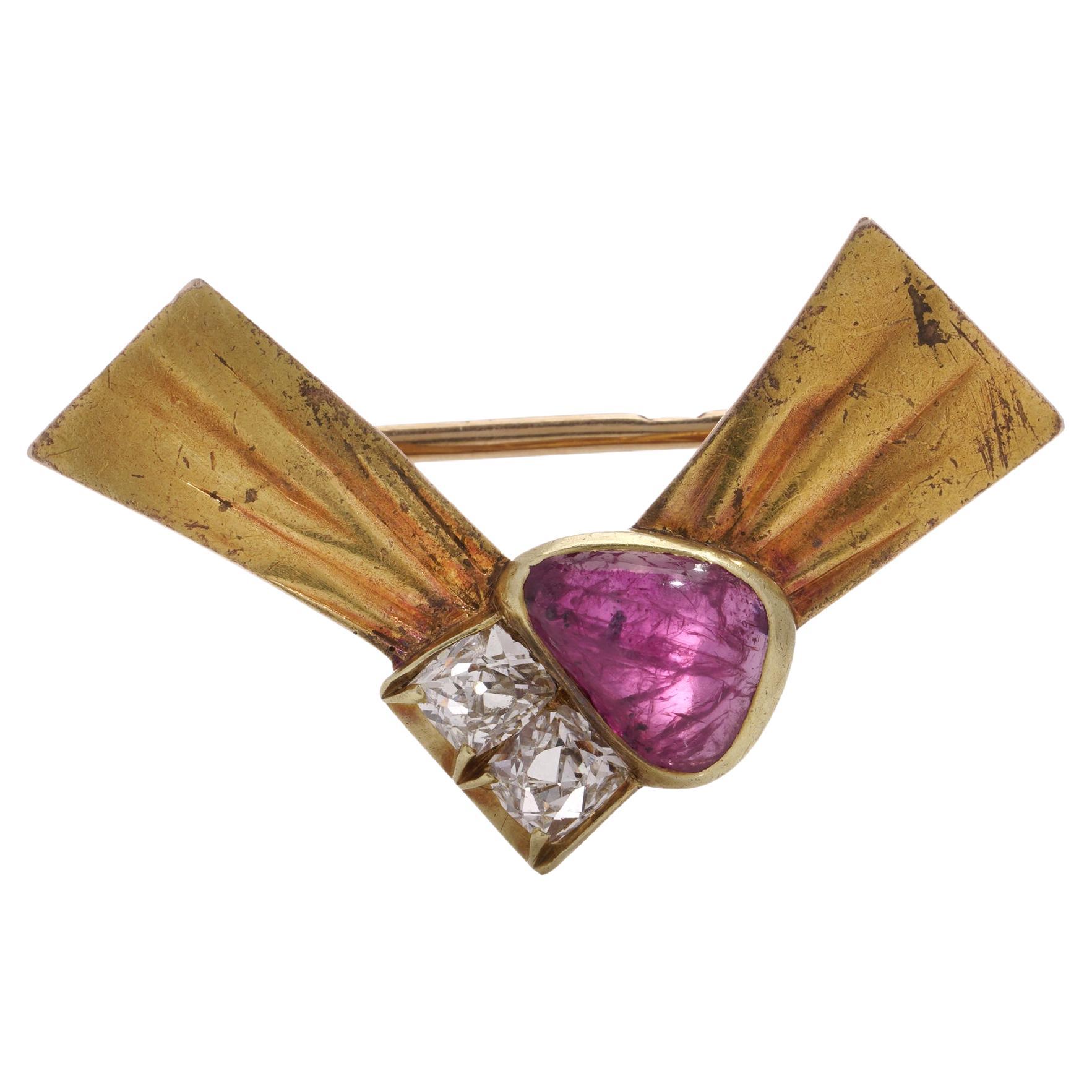 Antique Russian 14kt Gold Ruby Diamond Bow Brooch For Sale