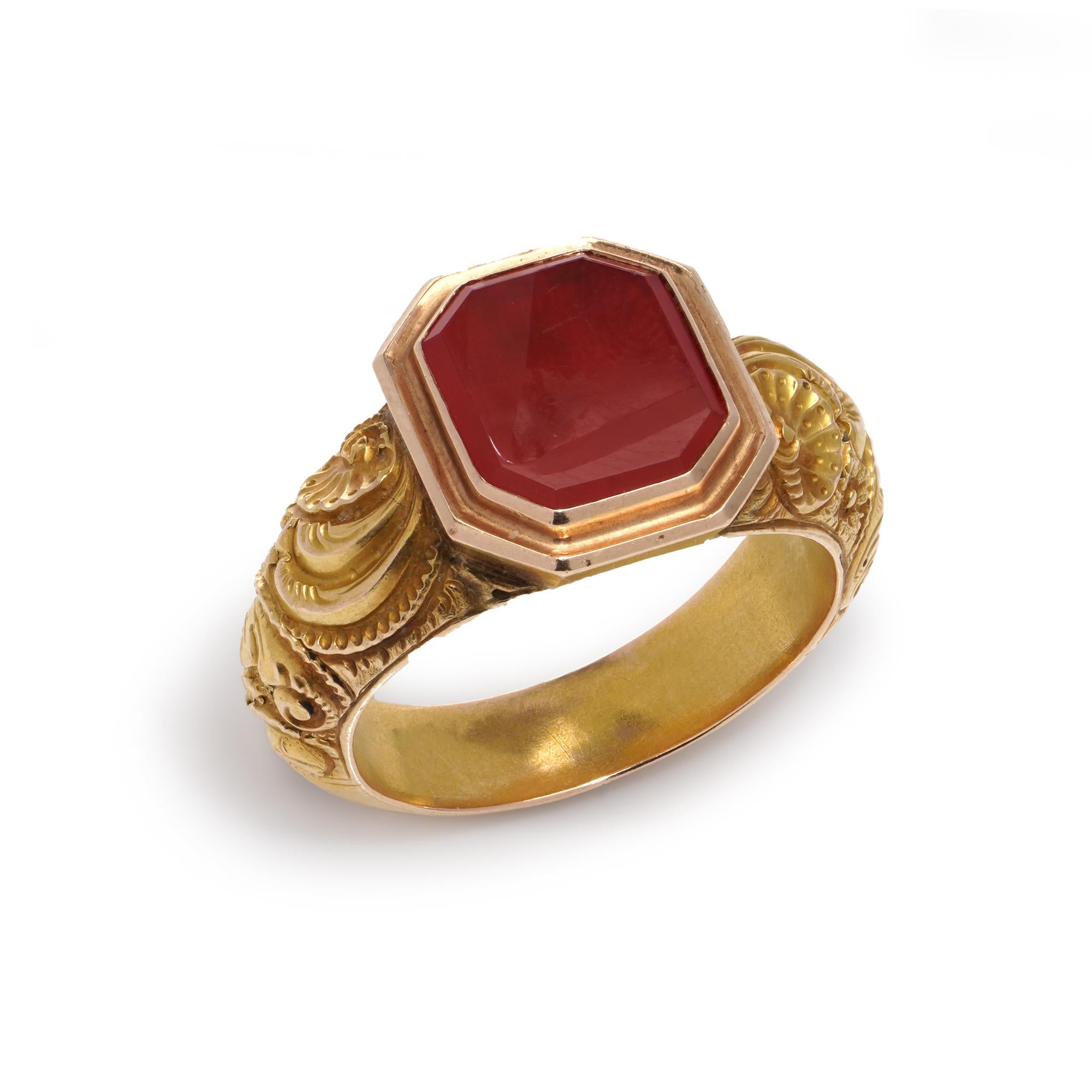 Antique Russian 14kt. yellow gold Carnelian signet large size men's  ring. 
Made in 1844 

The dimensions - 
Ring Size: 
Finger Size (UK) = V (EU) = 63 3/4(US) = 10.75 
Weight : 9.00 grams

Condition: Pre-owned, minor signs of usage and age,