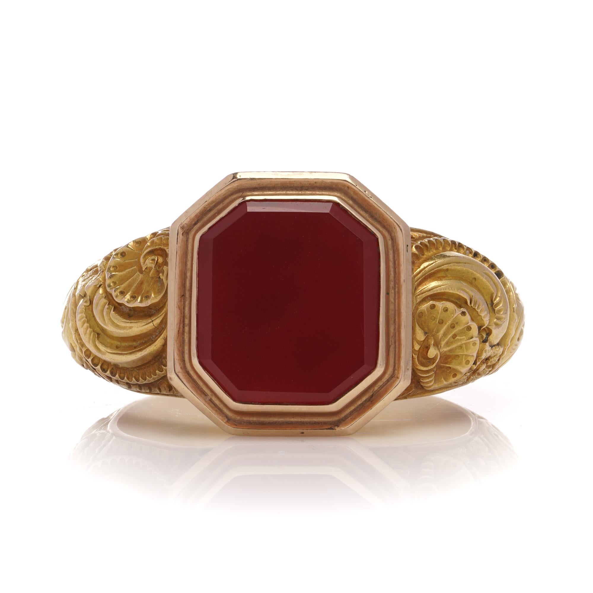Men's Antique Russian 14kt. yellow gold Carnelian signet large size men's ring For Sale