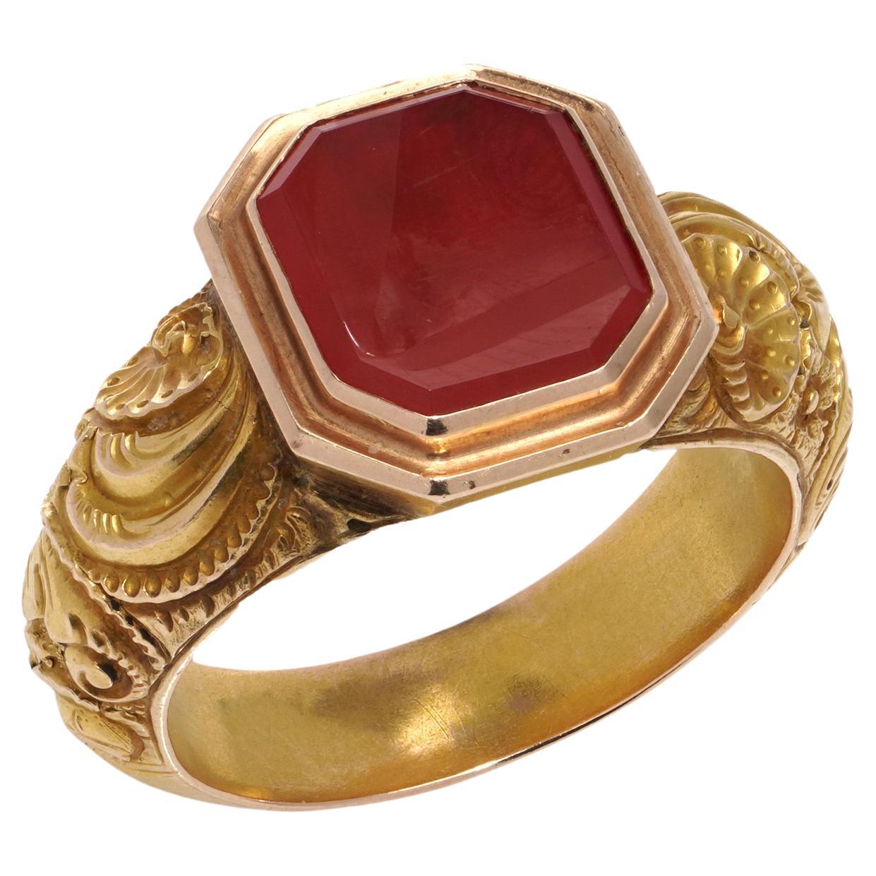 Antique Russian 14kt. yellow gold Carnelian signet large size men's ring